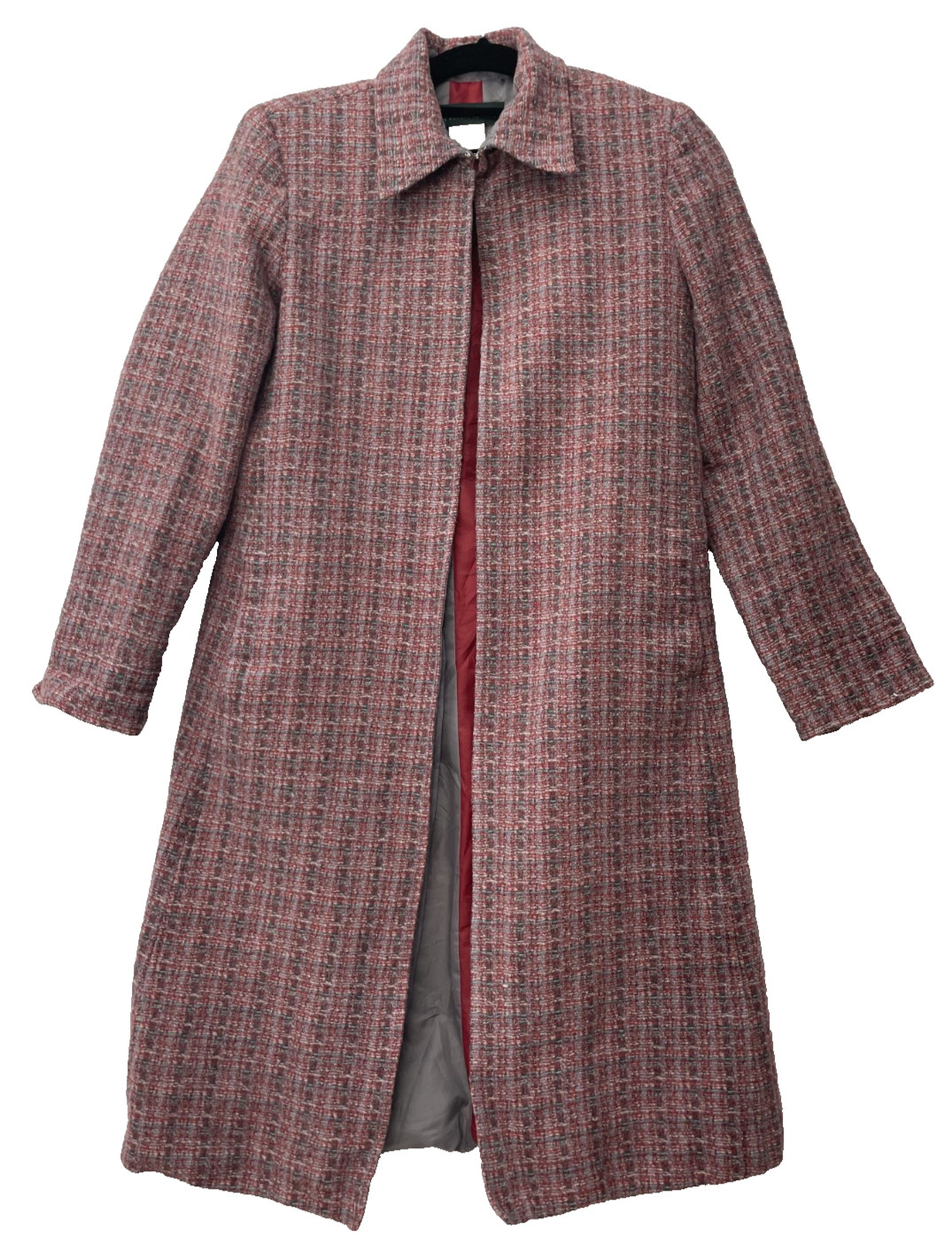 Harvé Benard Women’s 100% Wool Red Gray Plaid Long Coat Jacket Size 12