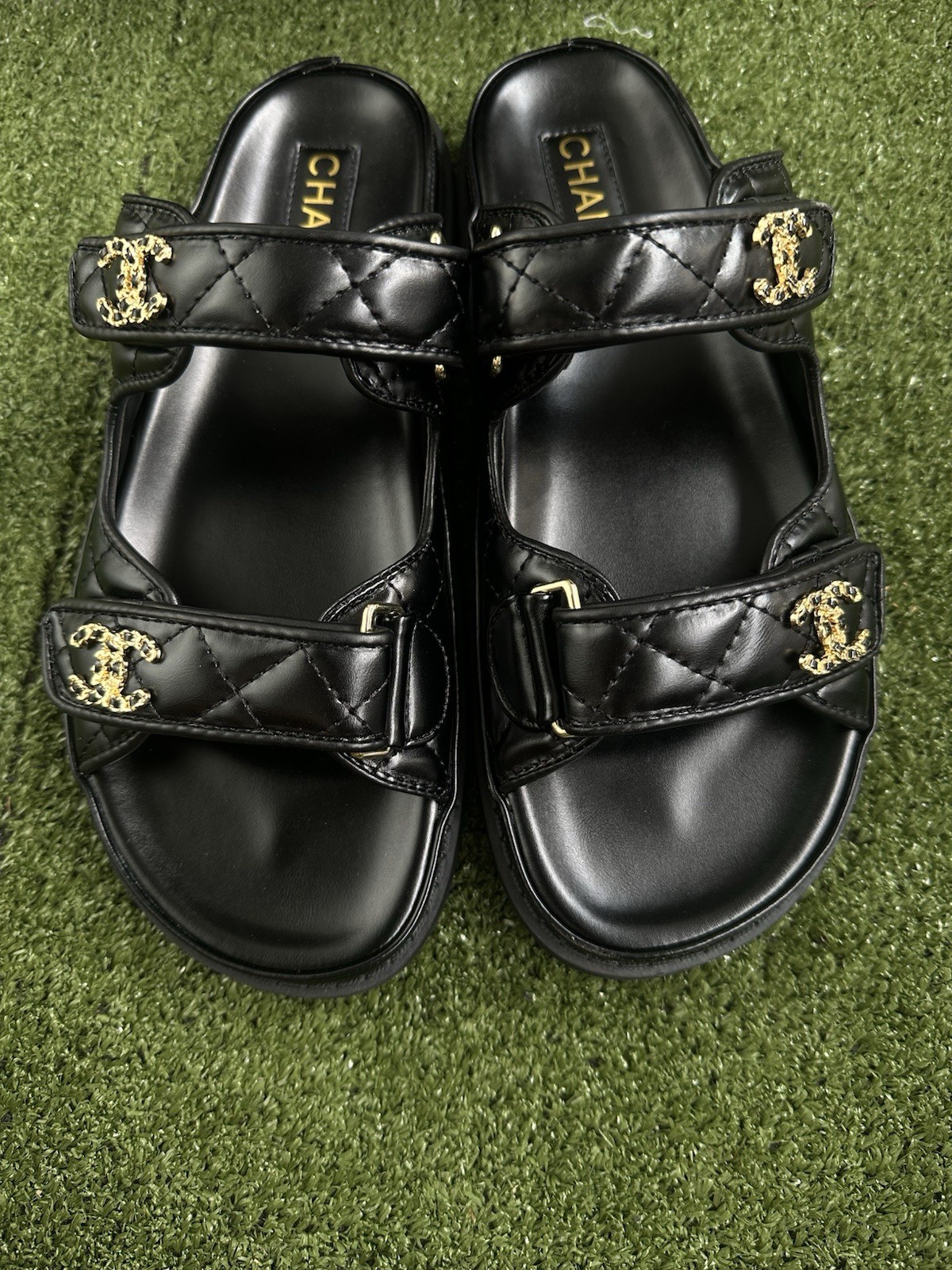 Chanel Black Quilted Leather Sandals CC Logo Double Strap Women’s Size 8