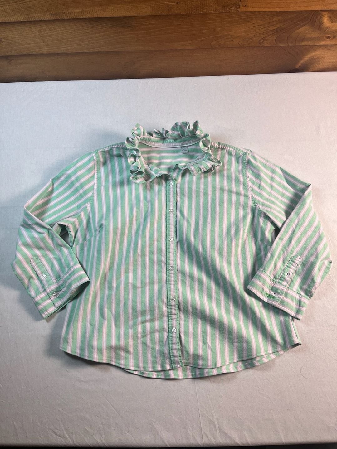 Custom Women’s Green and Pink Striped Button-Up Ruffle Collar Blouse S/M