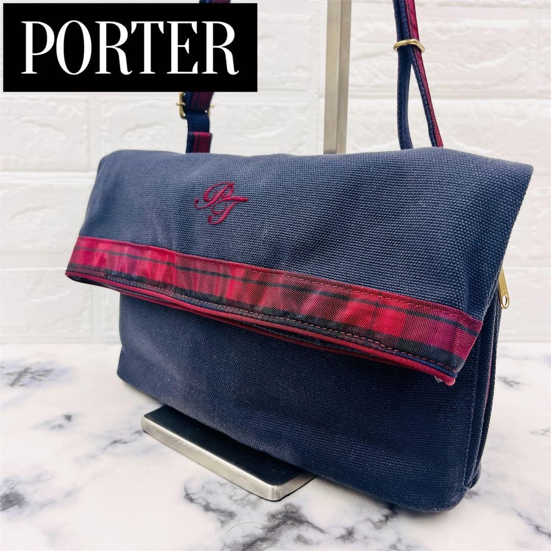 Porter Tote Shoulder 2WAY Reversible Navy Check