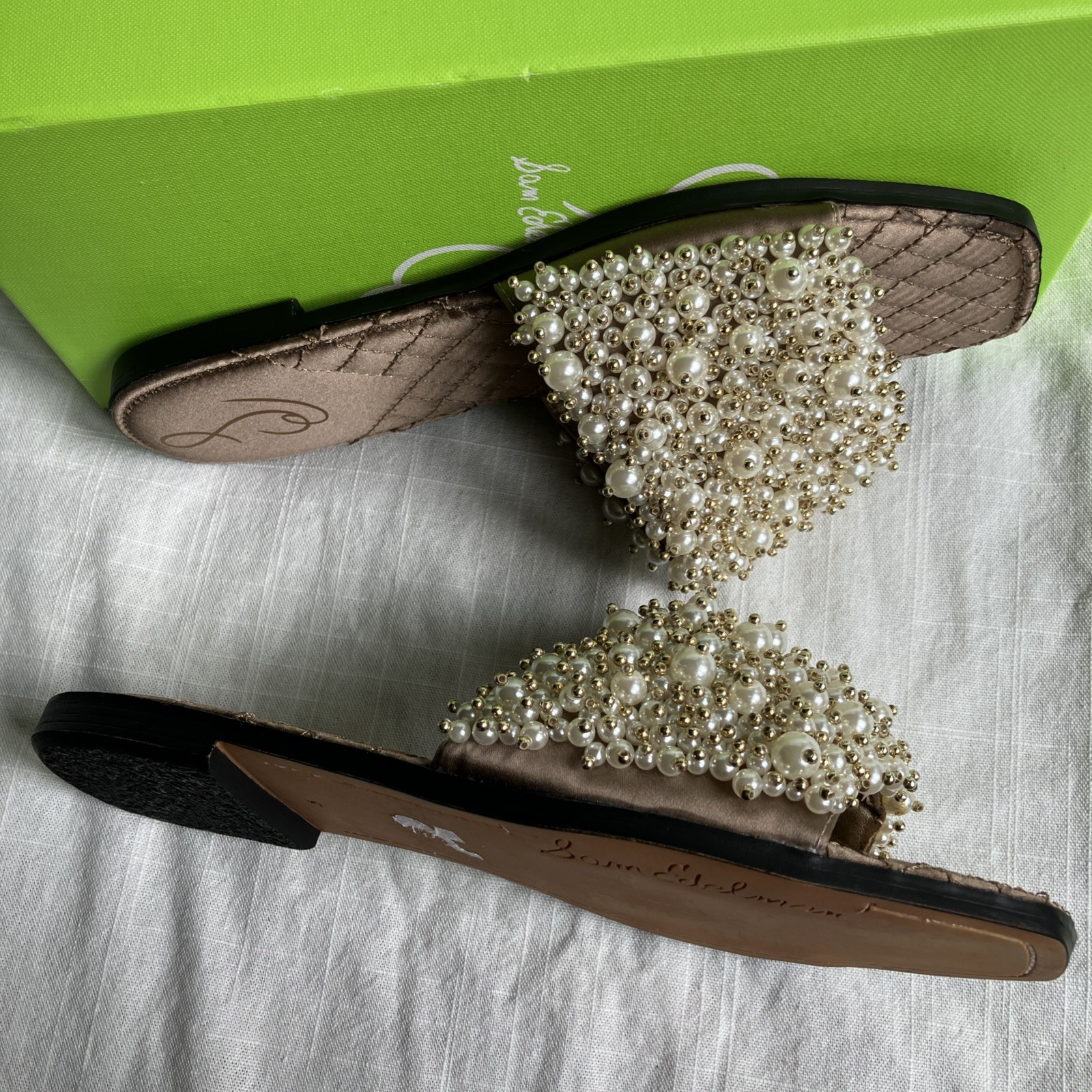 Sam Edelman Toffee Pearl Embellished Quilted Elijah Slide Sandals Size 8 gold