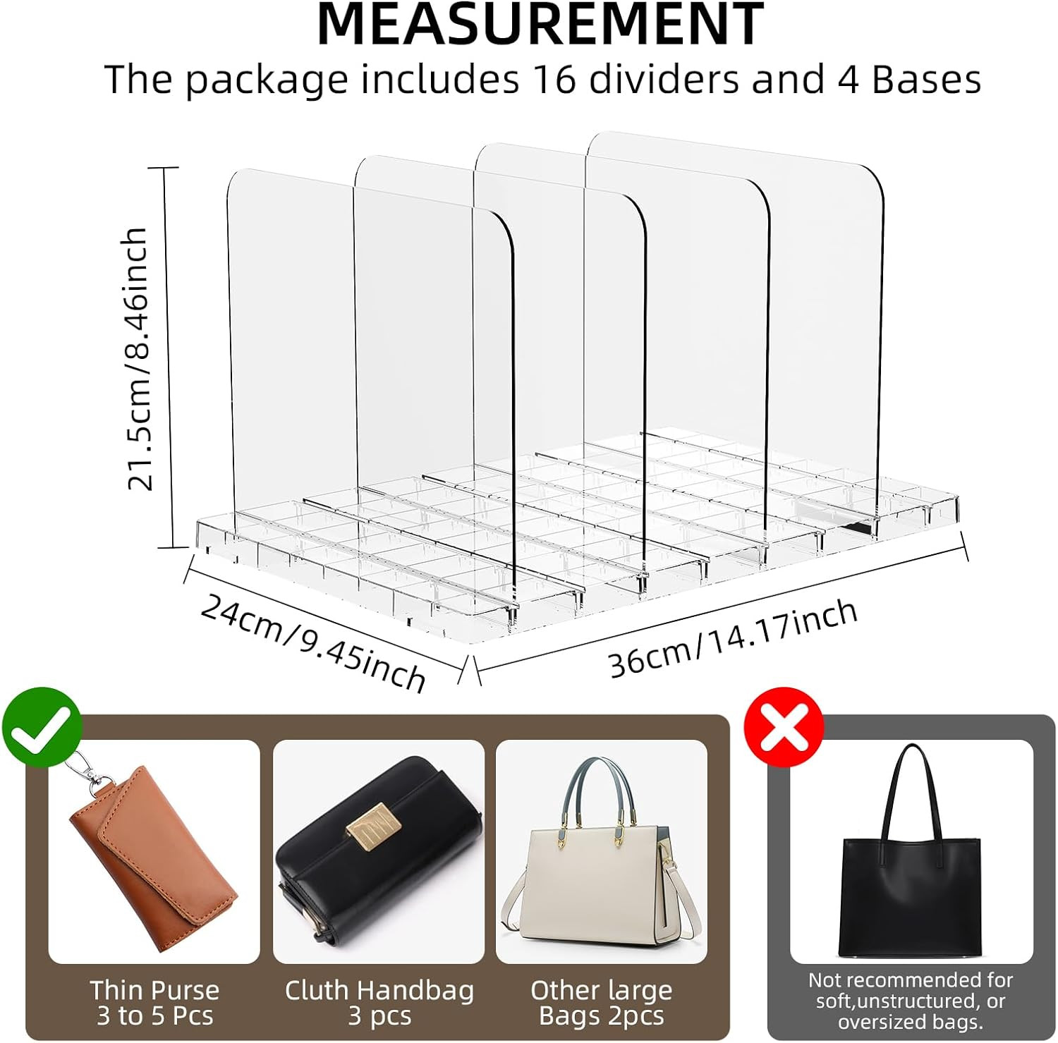 Acrylic Purse Organizer Dividers for Closet Shelf, 4 Pack, Clear Storage Solutio