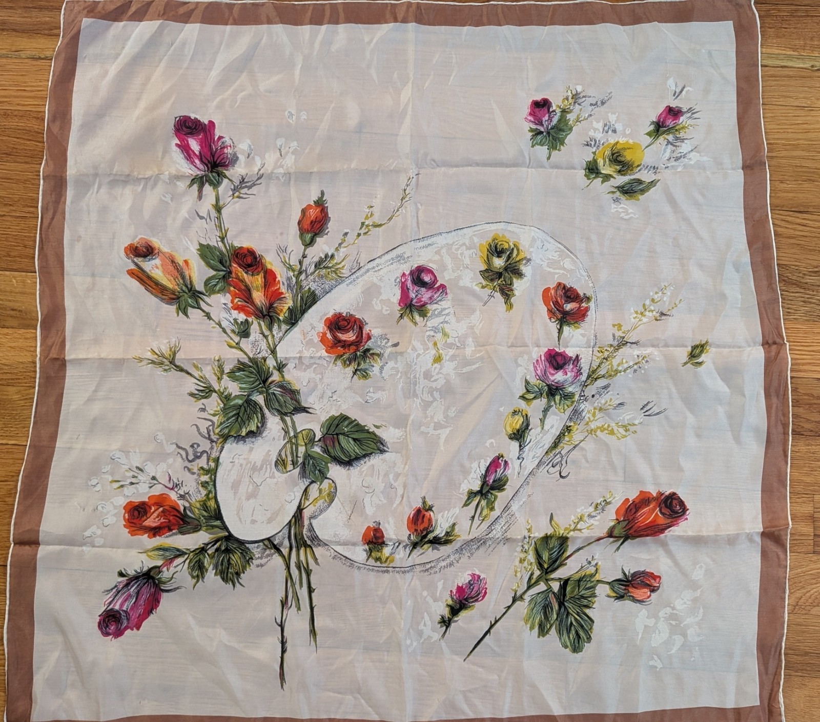 Vtg 50s JAPAN 6.25 Momme Silk Rayon Blend Rose Floral Beige Handkerchief Scarf