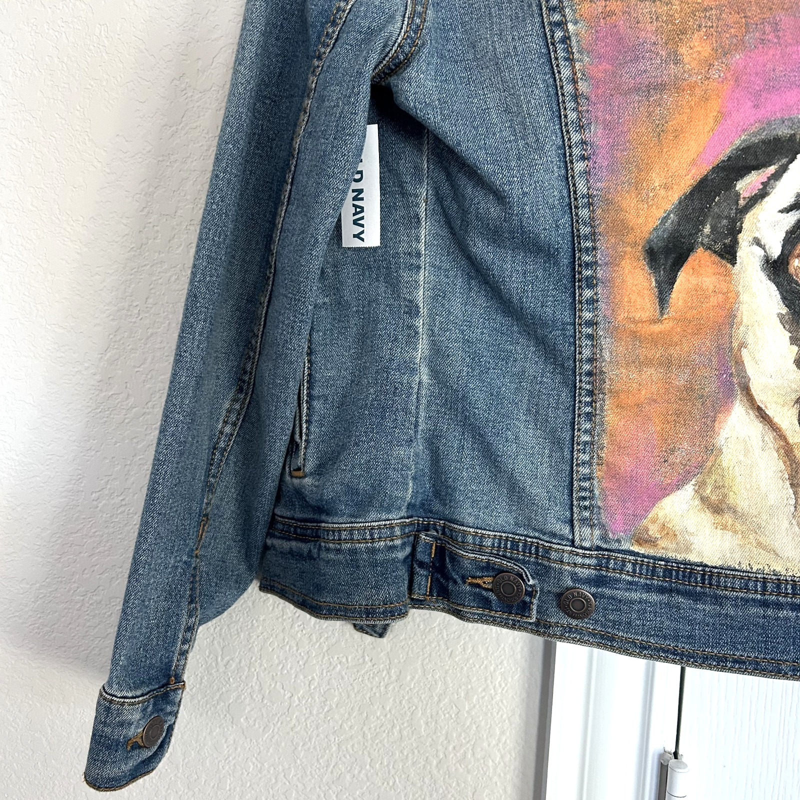 Hand Painted Pug Dog Jean Jacket Womens XS Denim Art to Wear OOAK New w/Tags