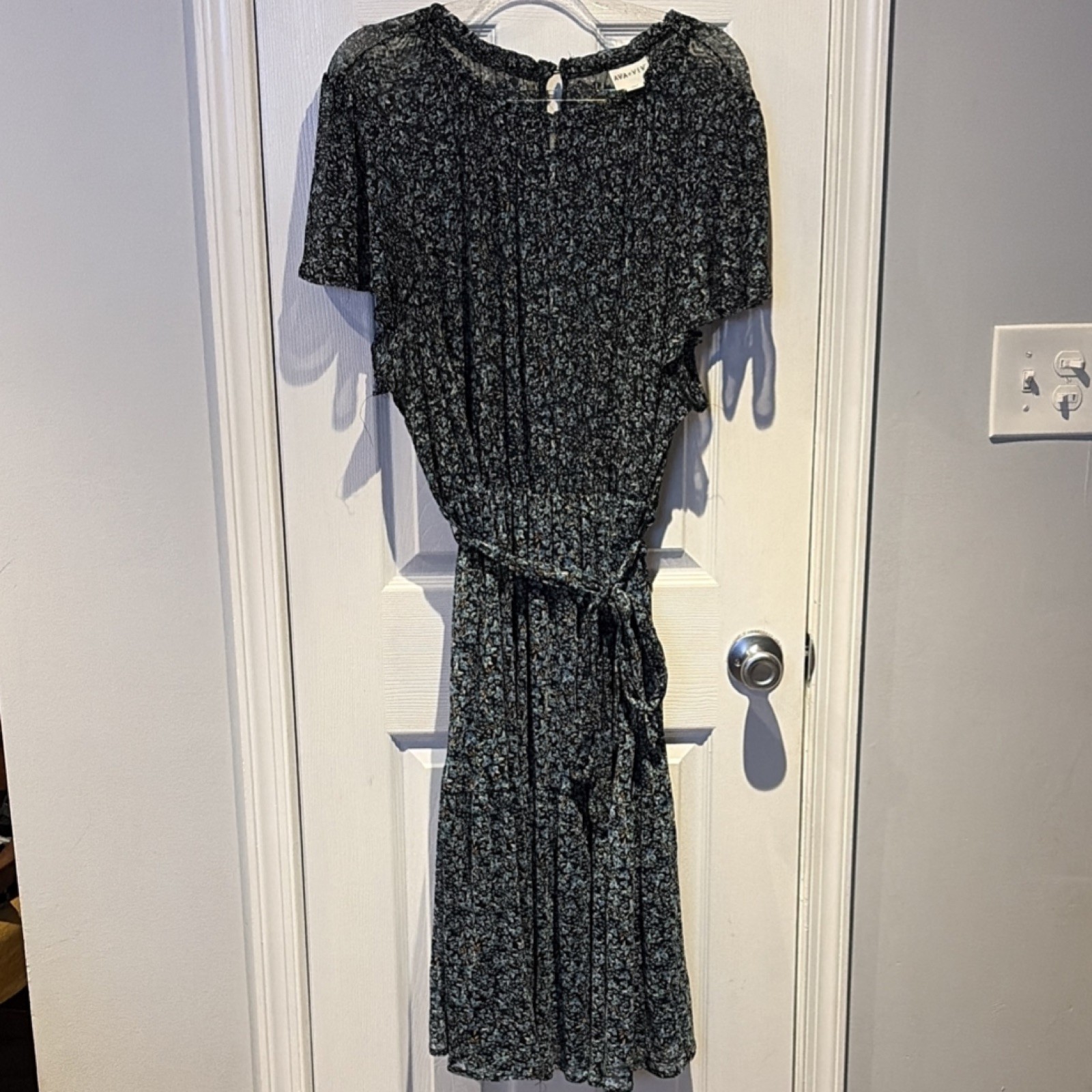 AVA & VIV Floral Knit Midi Dress Tie Waist 2X Short Sleeve Black Blue Beige