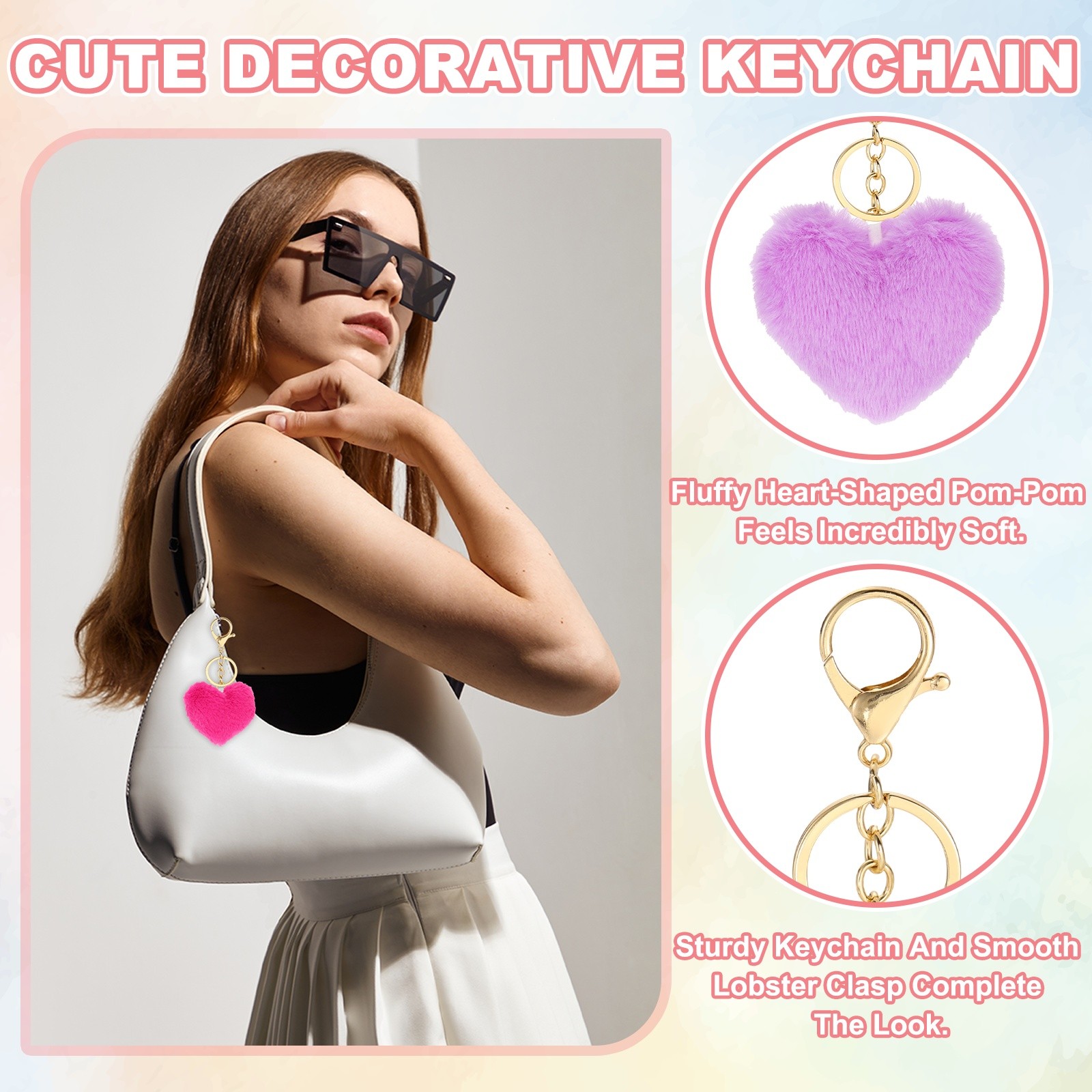 12Pcs Heart Pom Pom Keychain Faux Fur Fluffy Keyring Purple(Gold Buckle))