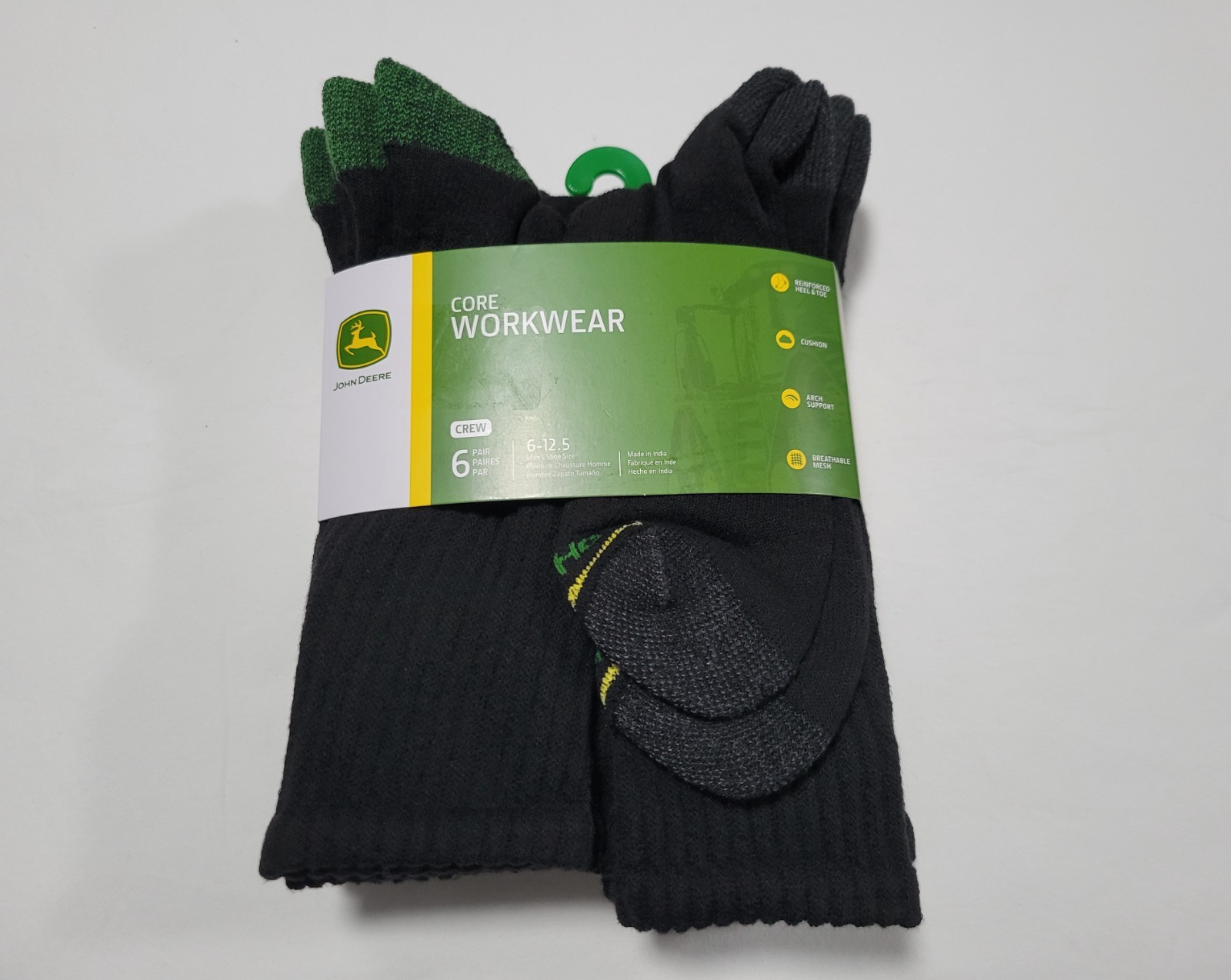 John Deere Mens Work Performance Cushioned Crew Socks SZ 6-12 Core Workwear