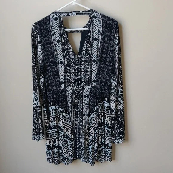 Free People Tegan Border Print Boho Short Dress Tunic Black/Gray Size 4