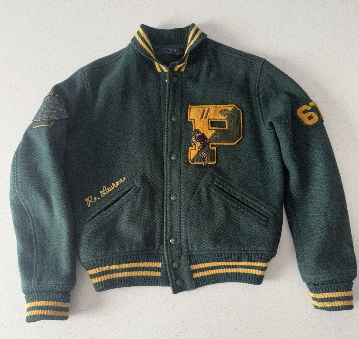 Polo Ralph Lauren Men’s RL Tigers Varsity Jacket Snap Front Green/Yellow S