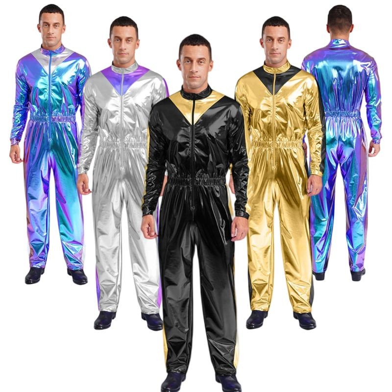 US Men Bodysuit Costume Jumpsuit Mechanical Unitards Sparkly Casual 70s Clubwear