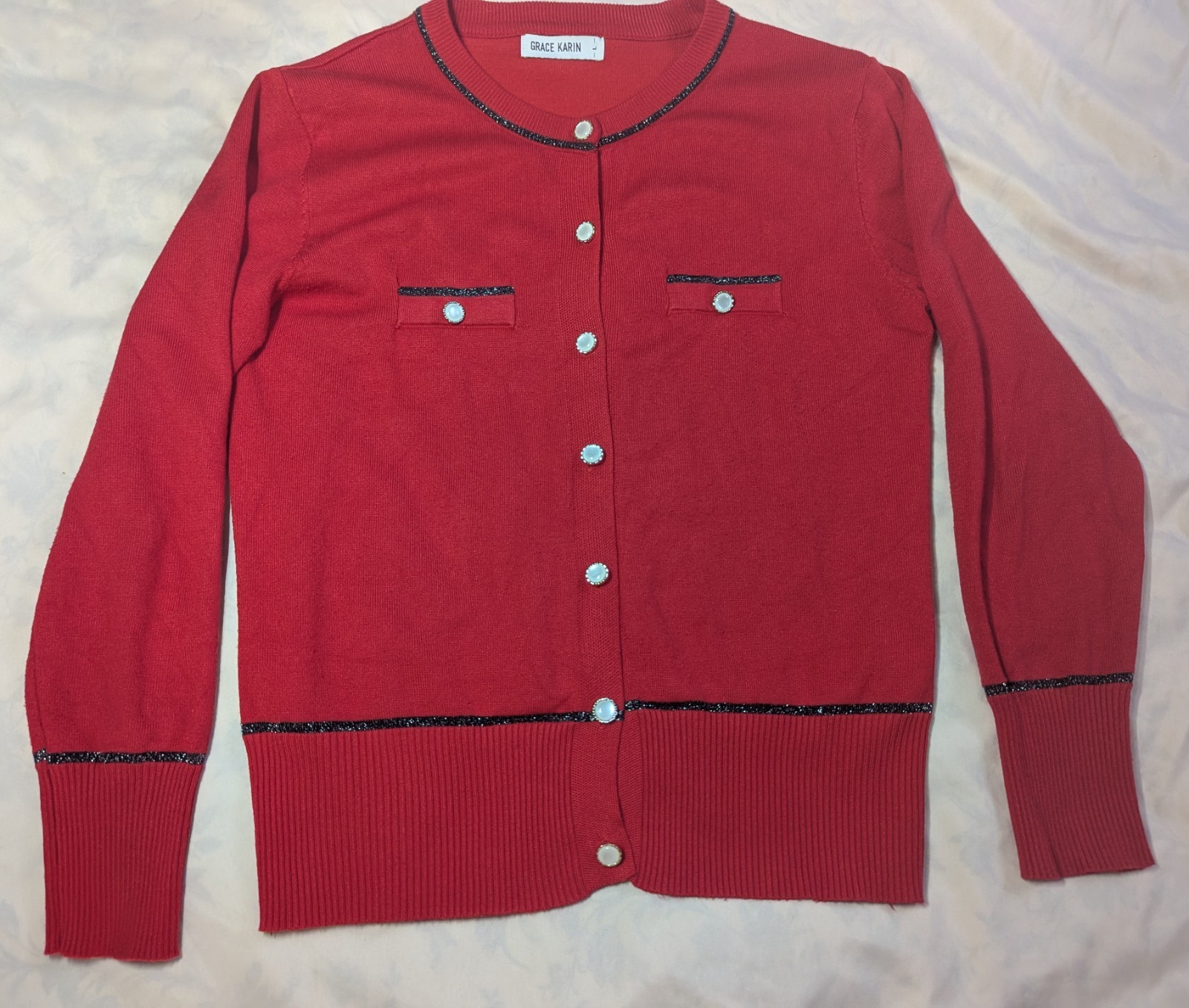 Grace Karin Red Cardigan Sweater Women’s Small Pearl Button Knit Office Preppy
