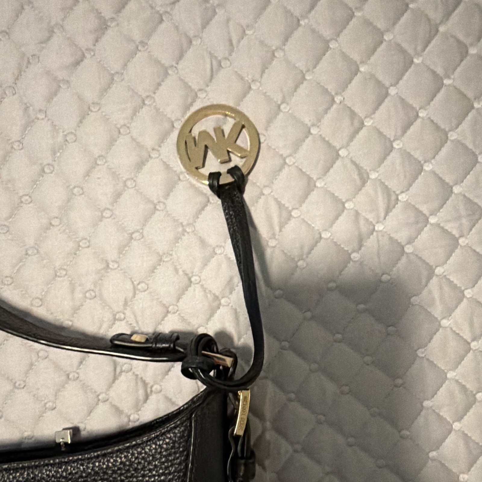 Michael Kors Medium Black Pebbled Shoulder Bag Gold Hardware Zip MK Charm