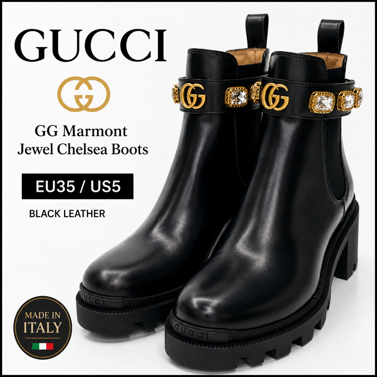 GUCCI GG Marmont Jewel Chelsea Boots Black Leather Women’s EU35 US5