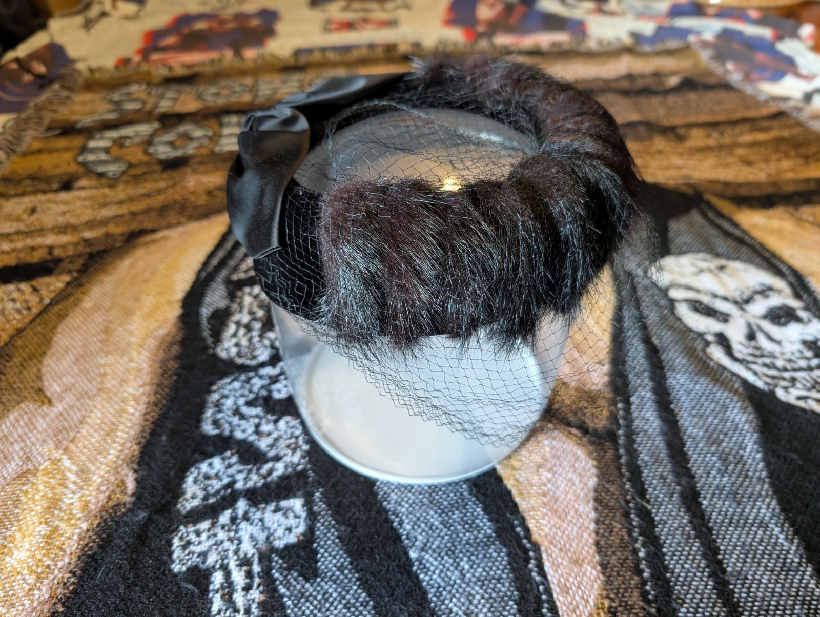 Vtg Womens Veil Hat 30s 40s 50s 60s Black Mink Fur