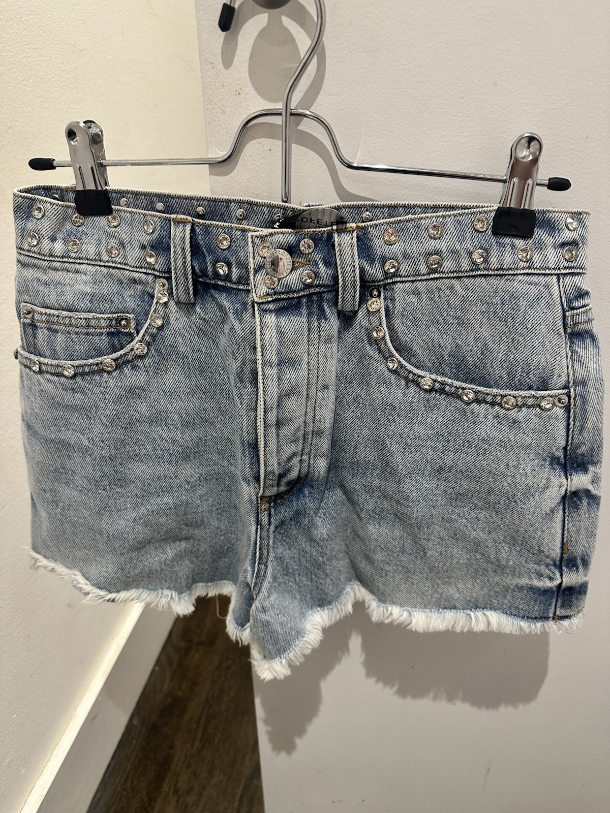 Retrofete Crystal Rhinestone Angel Embellished Denim Shorts Sz 26 Western Cowboy