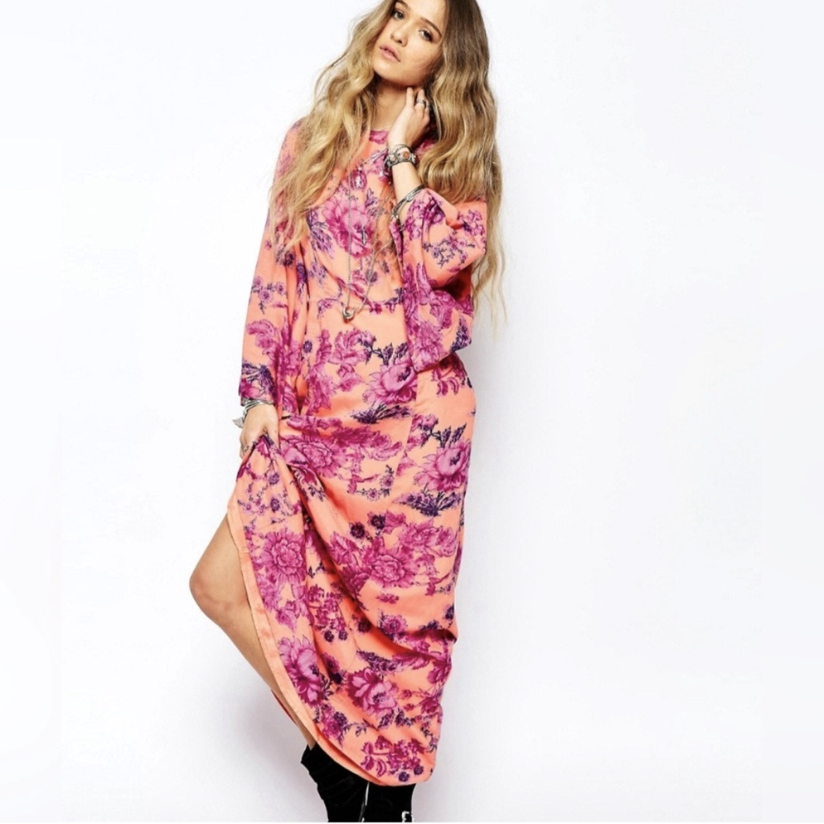 FREE PEOPLE Melrose Floral Open Back Maxi Dress Bell Sleeve Gown Pink 2
