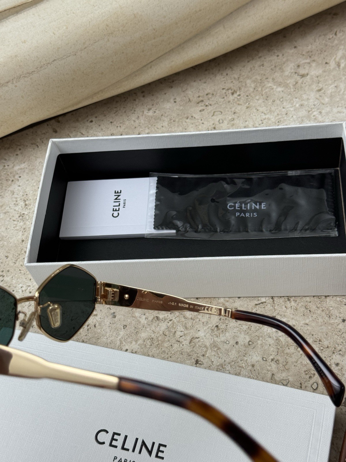 CELINE Geometric Gold Metal Sunglasses Green Lenses