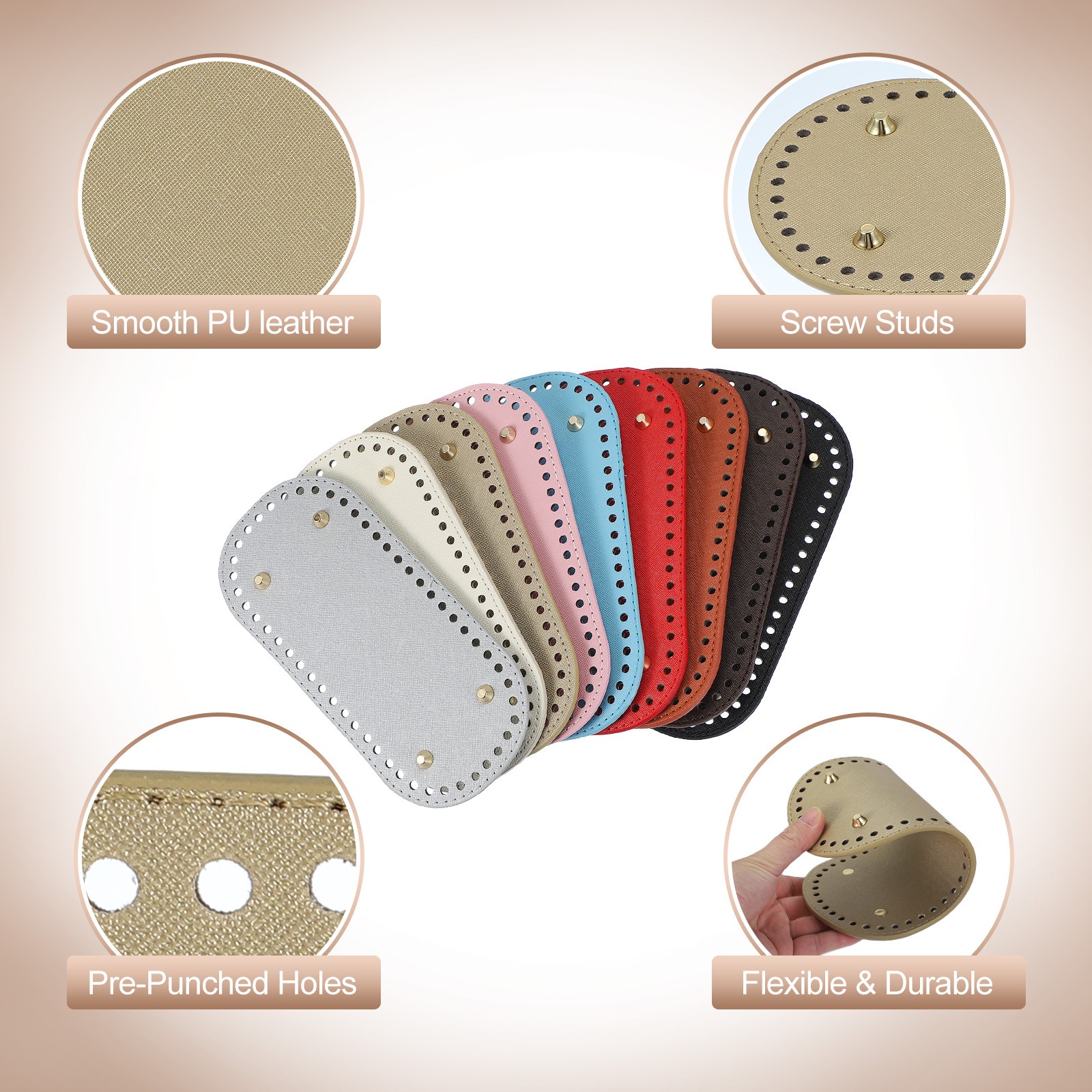 Oval PU Leather Bag Bottom Shaper with Holes & Nails 9.8×4.7 Inch Gold