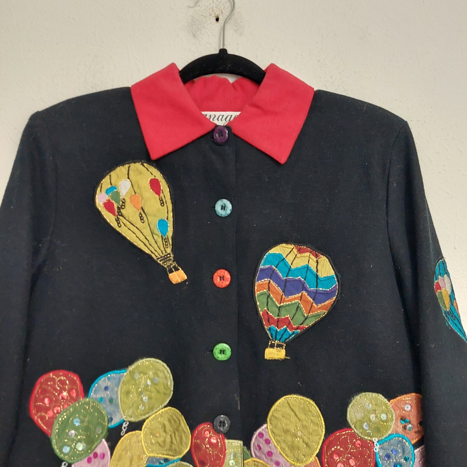 Vintage Anage Black Hot Air Balloons Button Down Jacket Sequins Patchwork 80s S