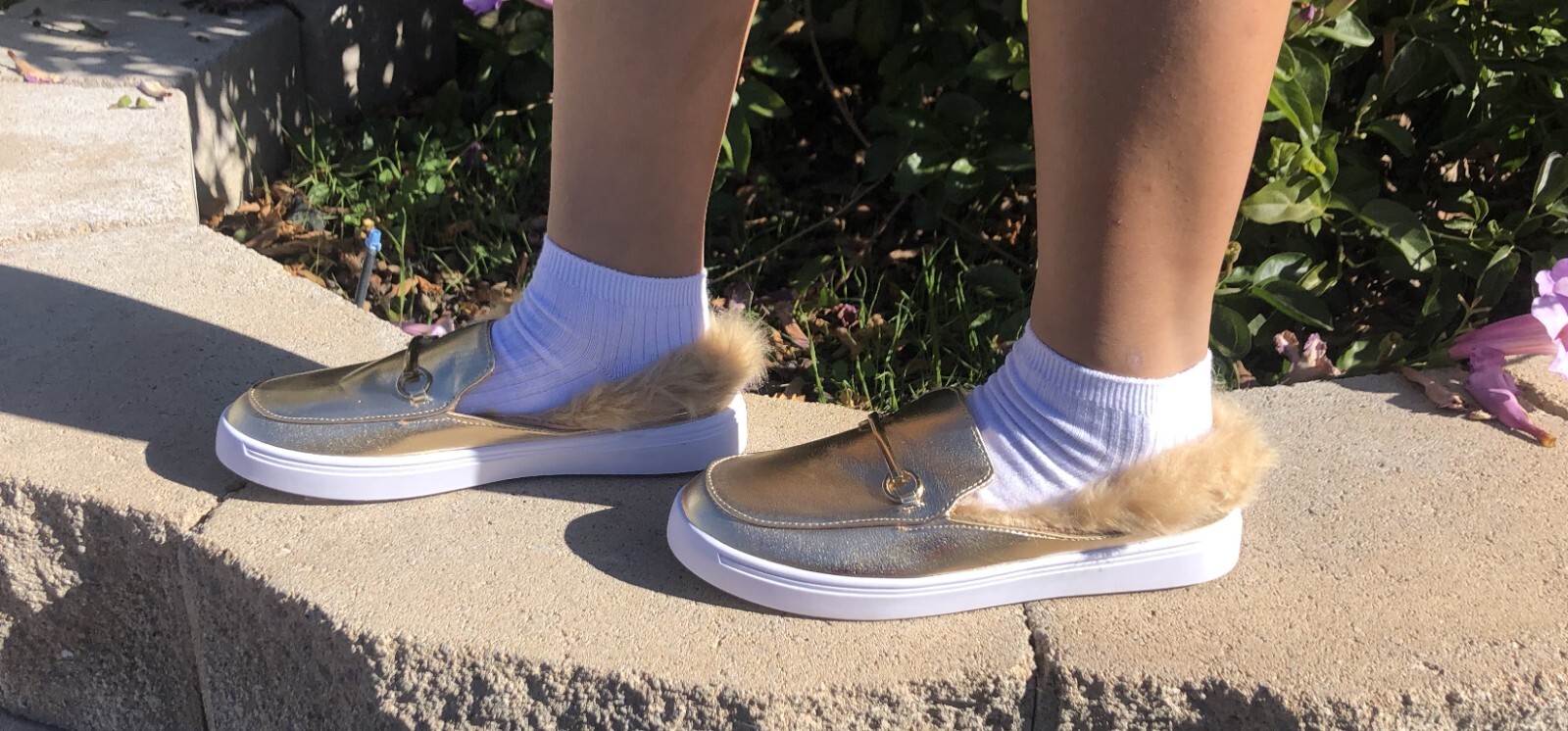 BAMBOO GRANDSLAM-39M GOLD MPU SLIP ON FAUX FUR COMFORT LOAFER SHOES ALL SIZES