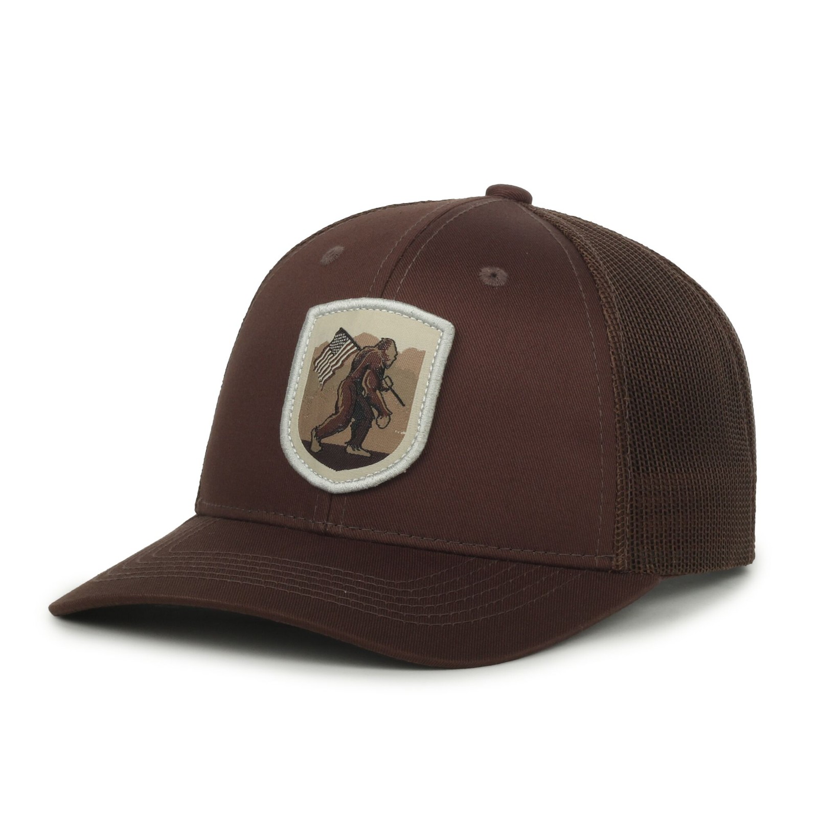 Outdoor Cap Sasquatch with American Flag Trucker Hat Brown Mesh Back