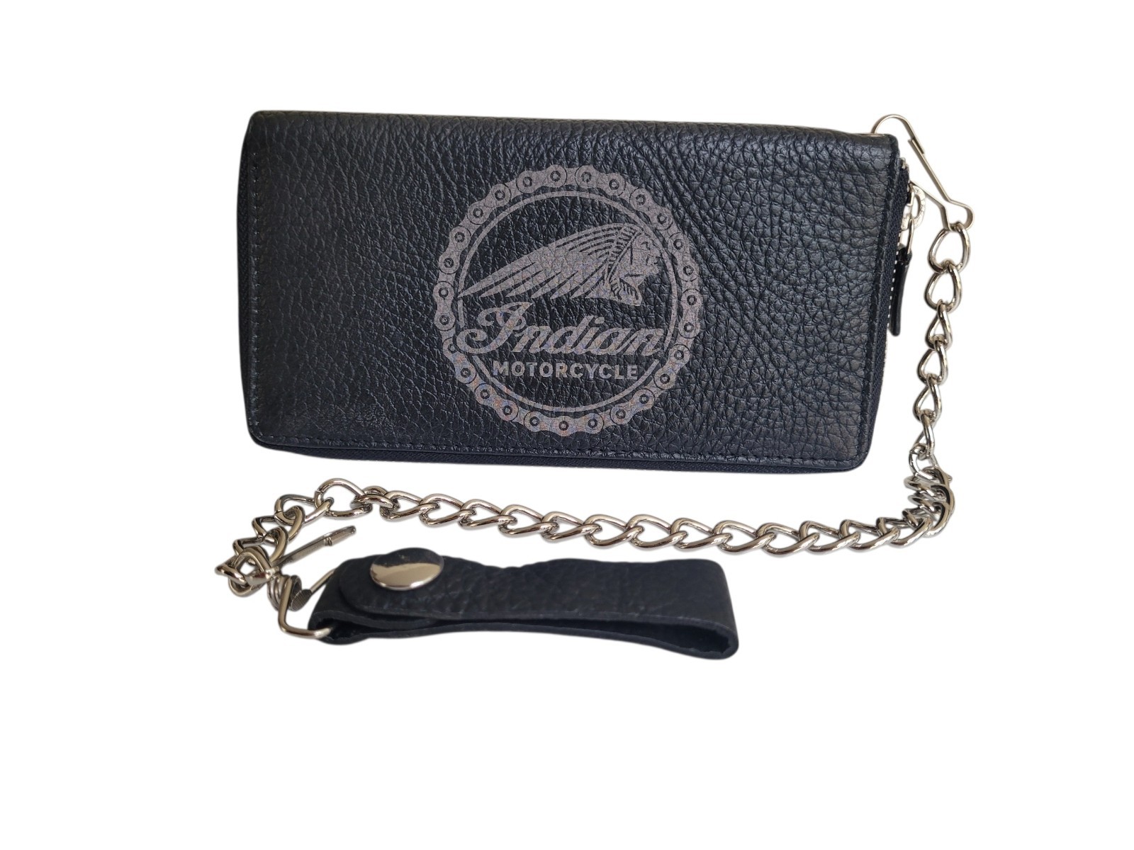 Indian Motorcycle Genuine Leather Biker All Over Zipper Bi-Fold Wallet W/ Chain