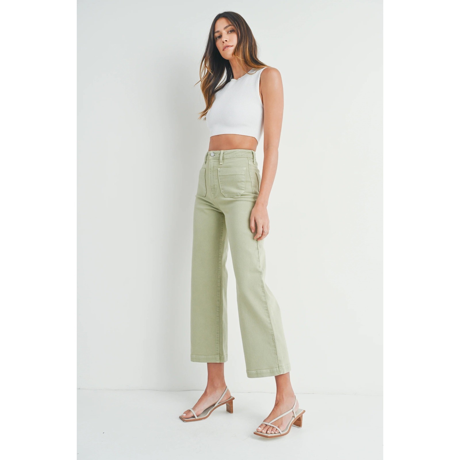 Just Black Denim The Sailor Pocket Wide Leg Jeans Sage Green Made in USA Size 29