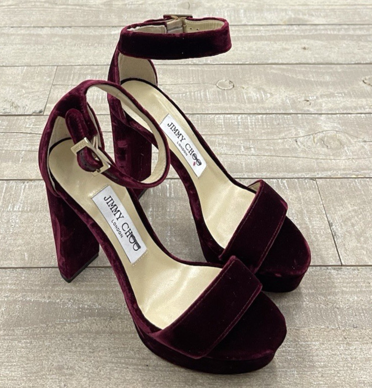 New Jimmy Choo Holly 120 Velvet Platform Sandal In Bordeaux Size: 35 (US 5)