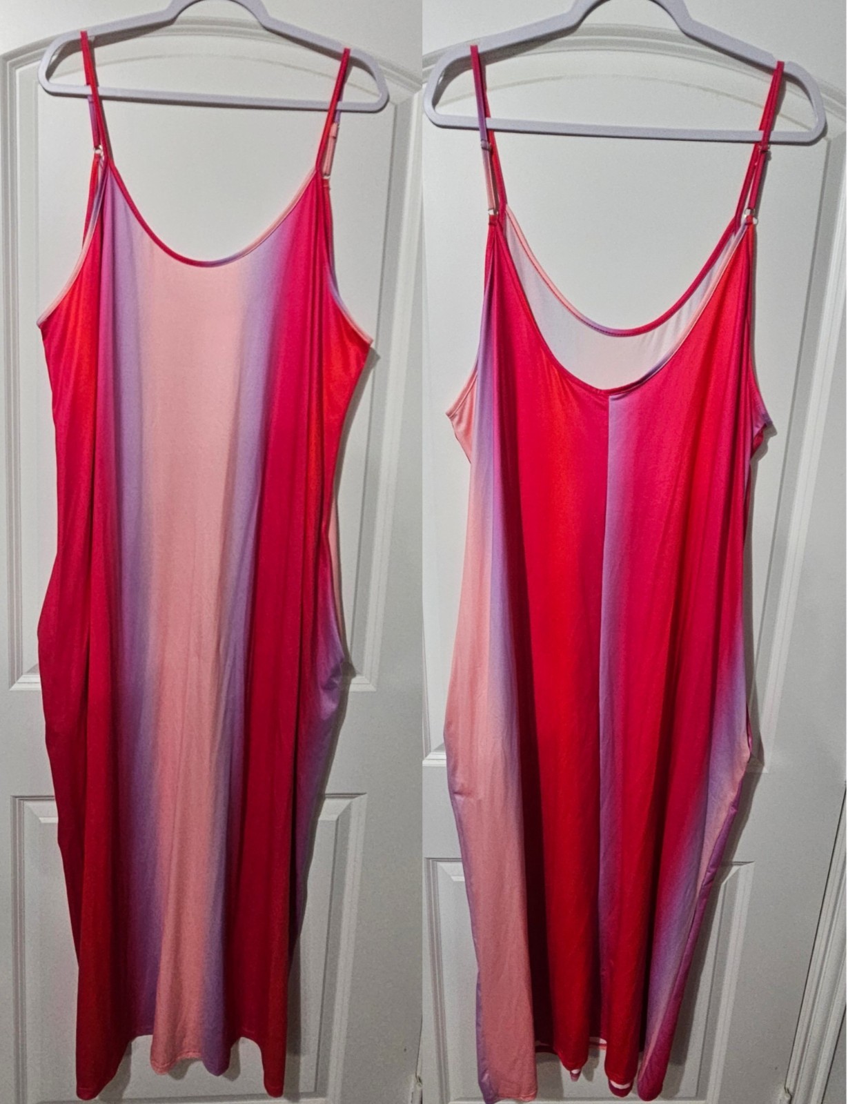 Womens Ombre Gradient Maxi Sundress Spaghetti Strap Loose Harem Dress w/ Pockets