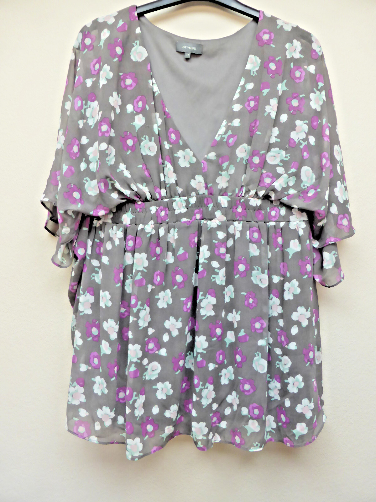 et vous Matalan Loose Blouse Tunic Top Size 14 Grey Purple and Pink Floral