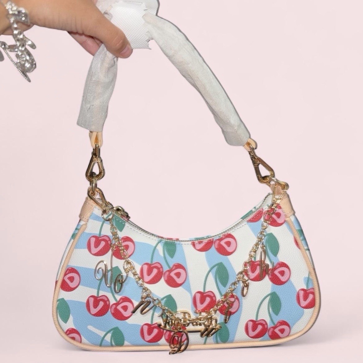 Von Dutch Cherry Print Shoulder Bag Zip Gold Hardware Chain Strap Bag Charm