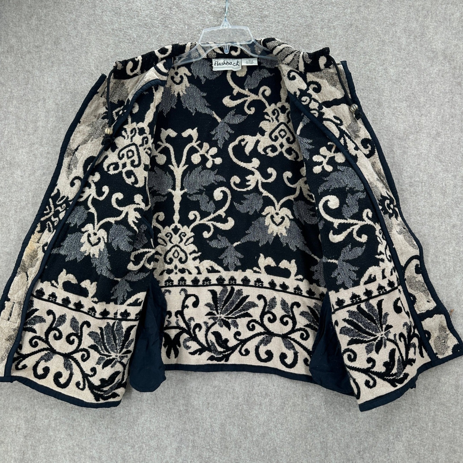 Flashback Tapestry Jacket Womens 3X Black Beige Damask Floral Toggle Button Boho