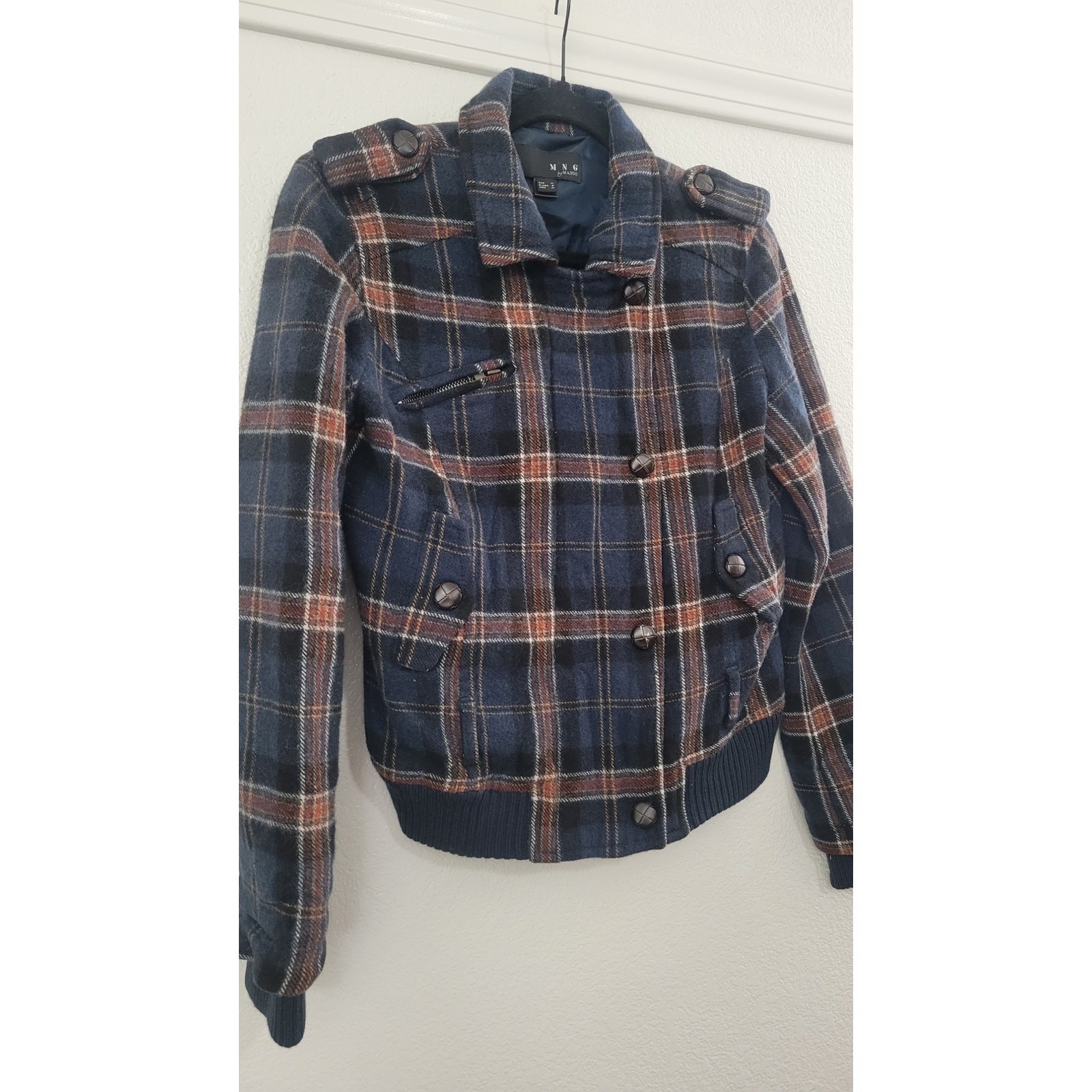 MNG by Mango Wool Blend Plaid Moto Jacket Women’s Small Blue Snap Zip Coat