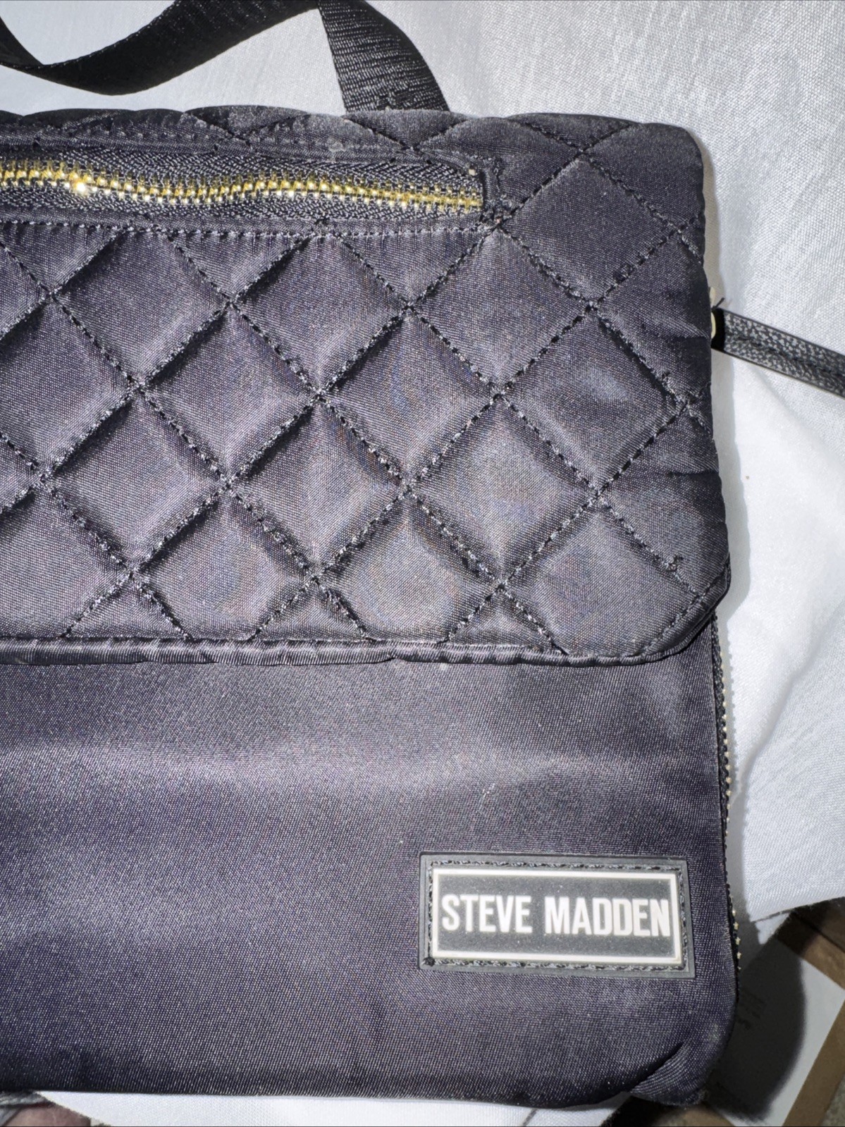 Steve Madden Black Crossbody Bag Quilted, Logo & Zipper Accents