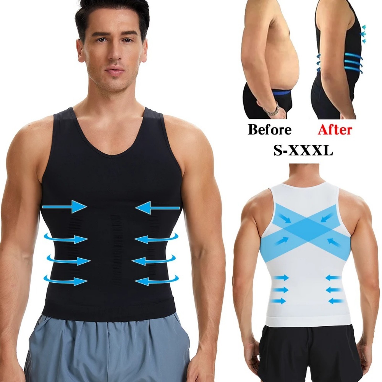 Mens Slimming Body Shaper Vest Moobs Chest Compression T-Shirt Tank Top Fitness