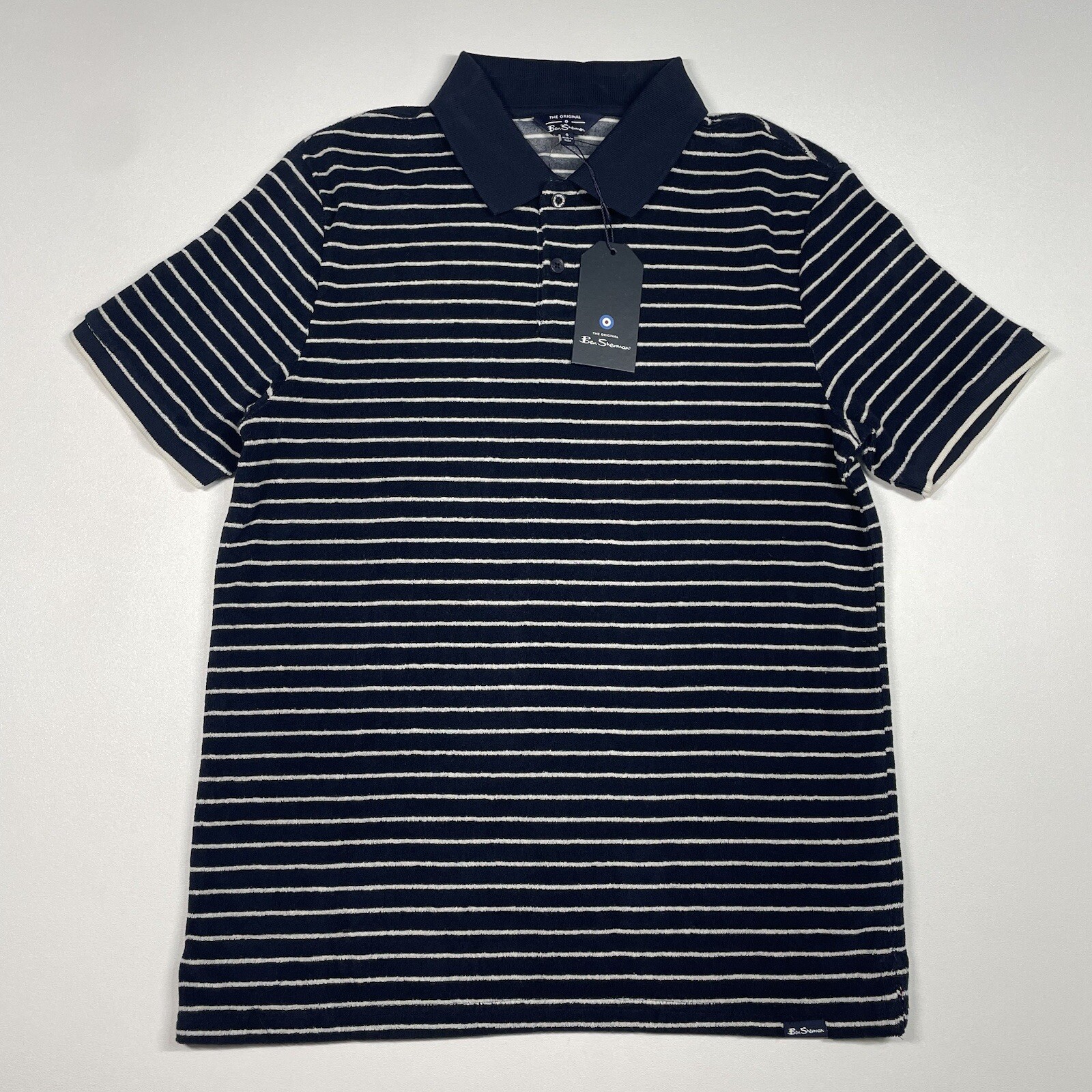 Ben Sherman Shirt Men’s Small Navy White Stripe Short Sleeve Textured Polo NEW