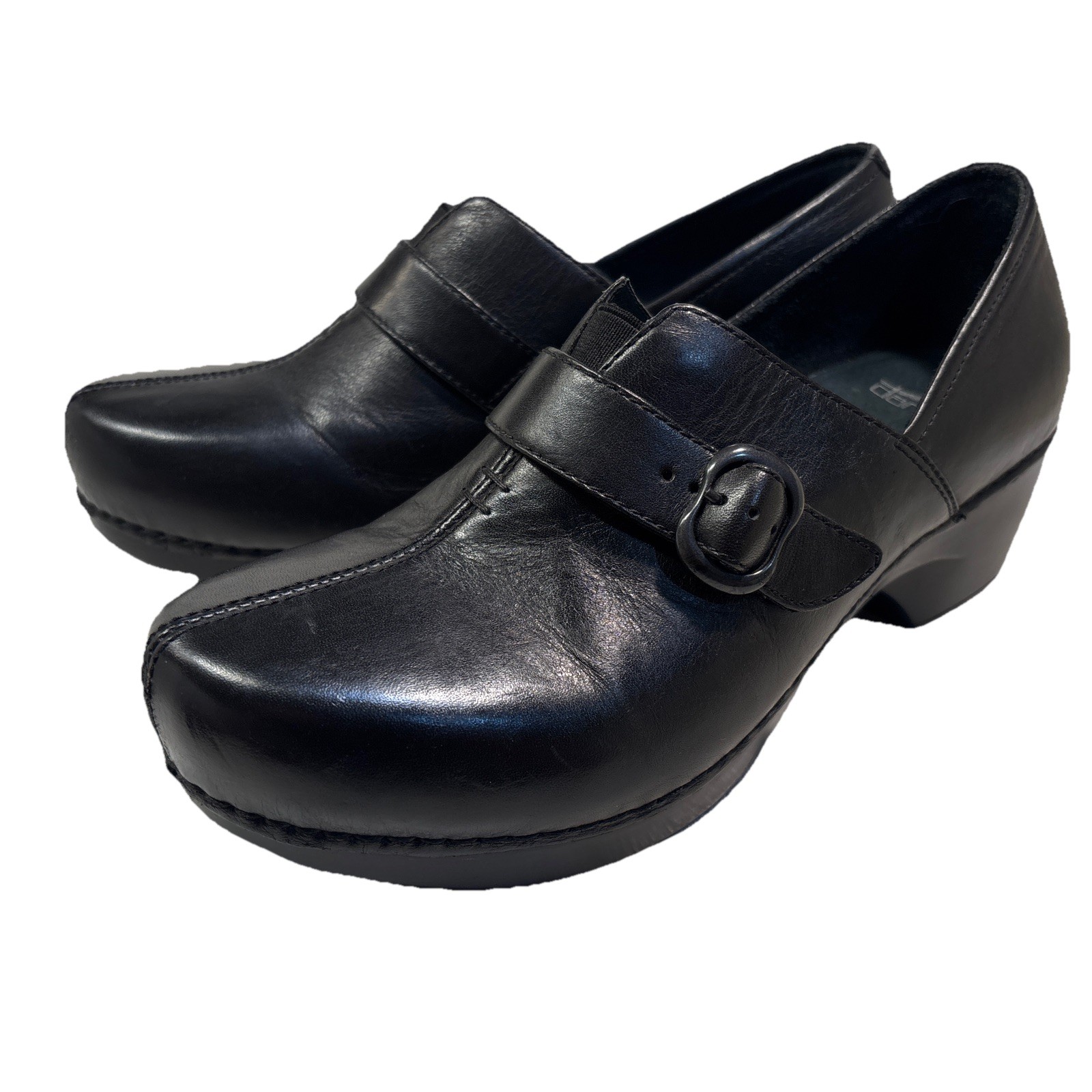 Women’s Dansko Tamara Black Leather Buckle Clogs Slip On Shoes. Size 40