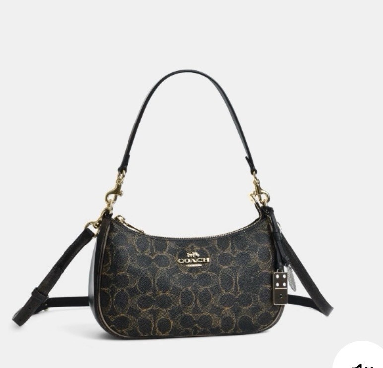 Coach Teri Small Brown Signature Logo Crescent Shoulder Bag Zip w/ Charm Strap