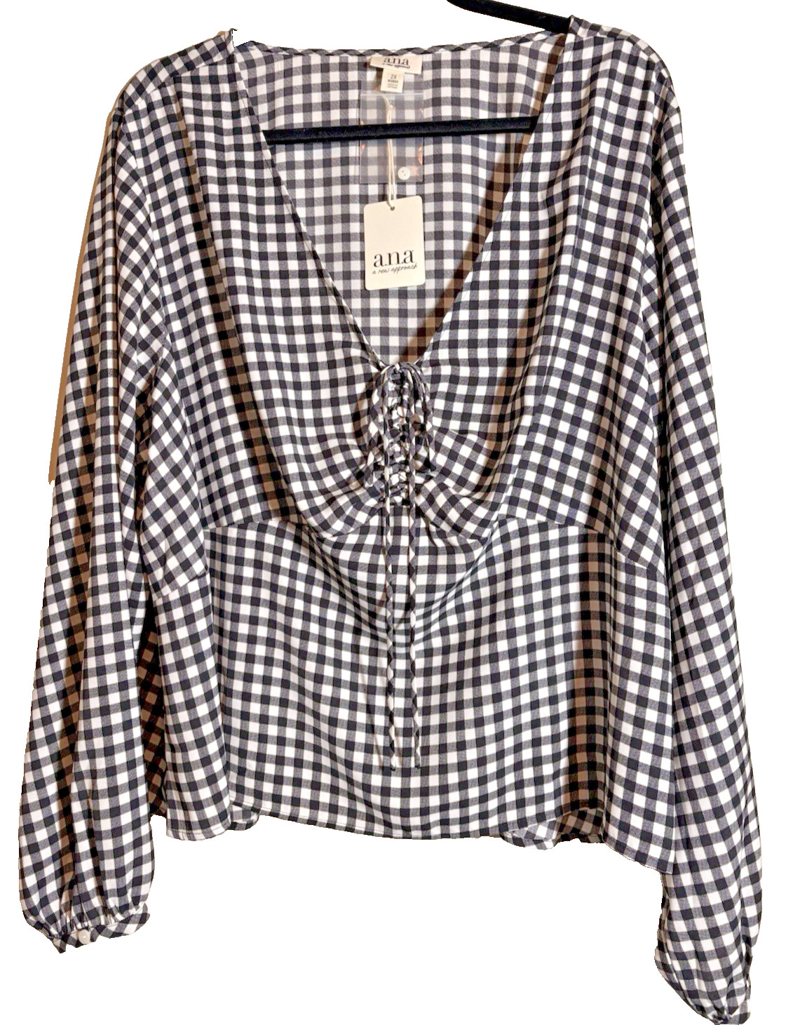 a.n.a Gingham Blouse Drawstring V-Neck Peasant Sleeves Black/White Cotton 2X NWT