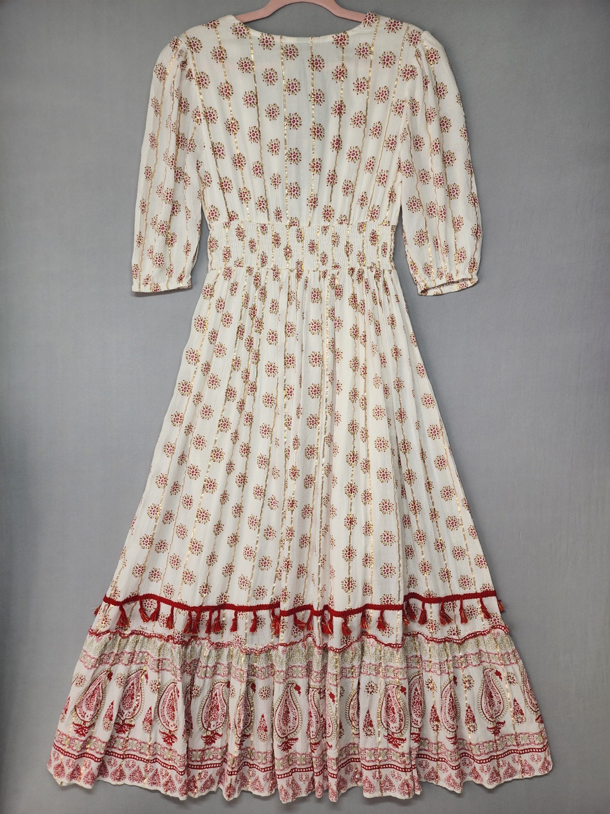 Anthropologie Me 2 Magic Size S Ivory Smocked Boho Maxi Dress Glitter Sequins