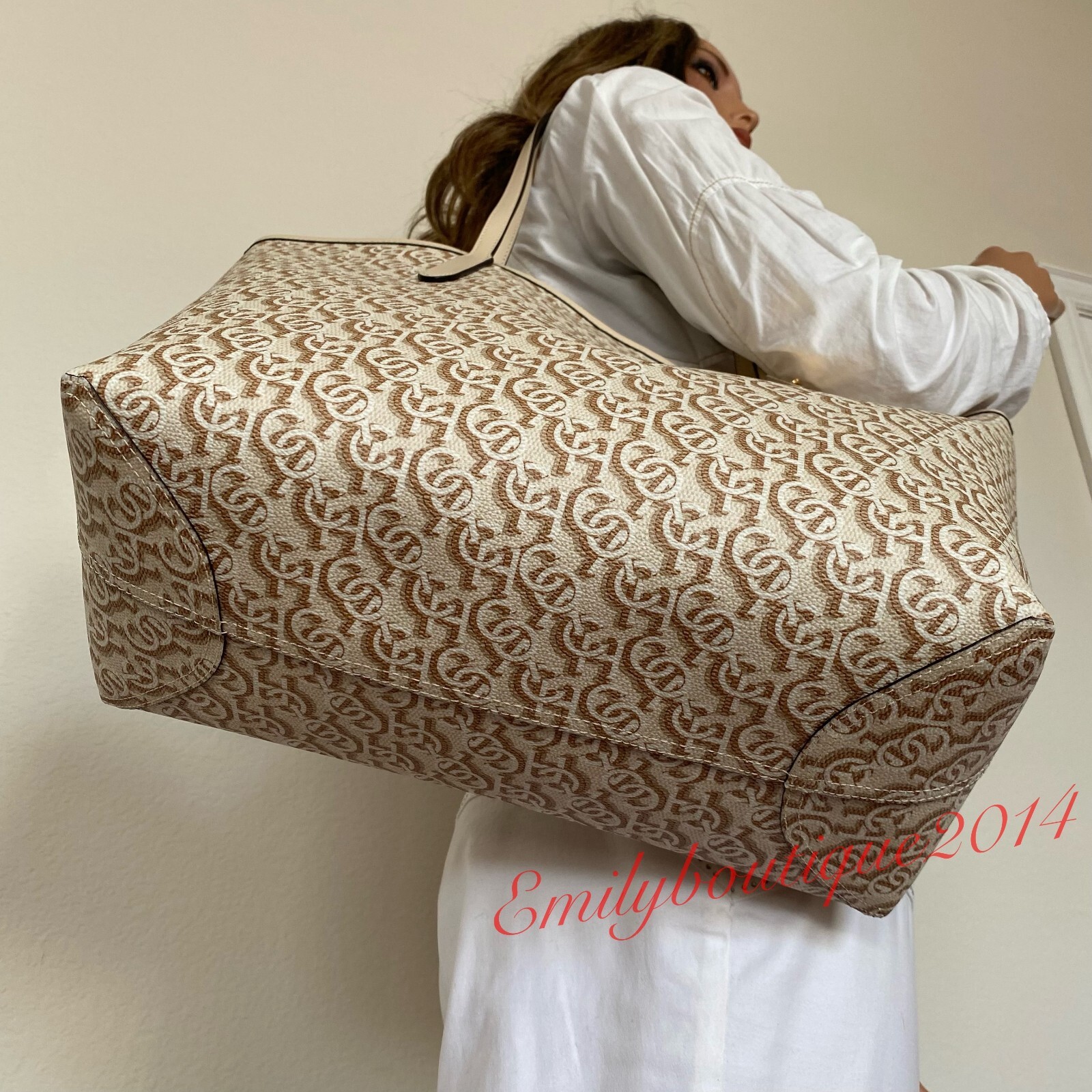NWT Coach CF342 City Tote with Monogram Print in Canvas & Leather Gold Chalk Bag