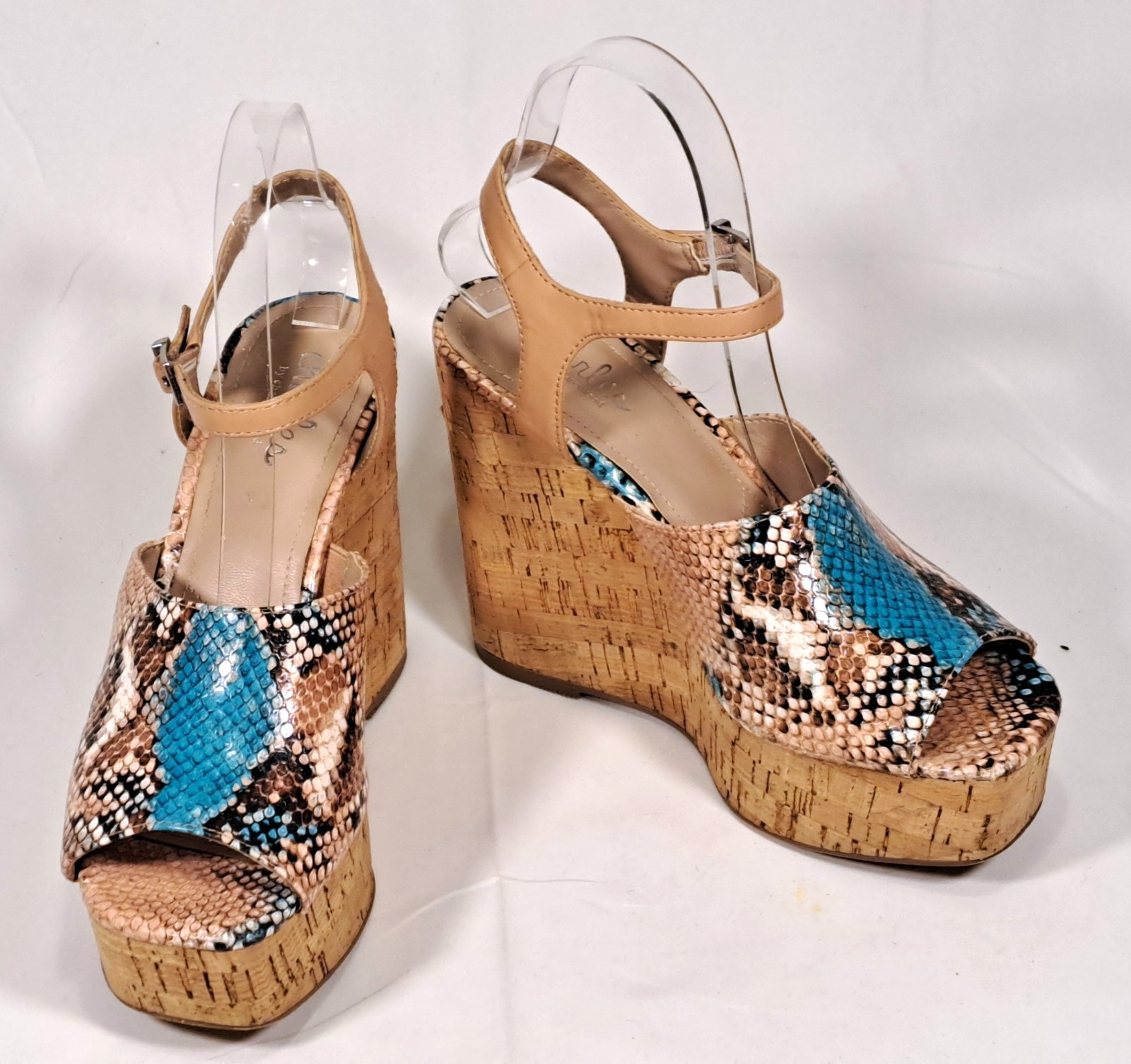 Charles by Charles David Snakeskin Cork Wedge Sandals Turquoise Tan Womens 6.5M