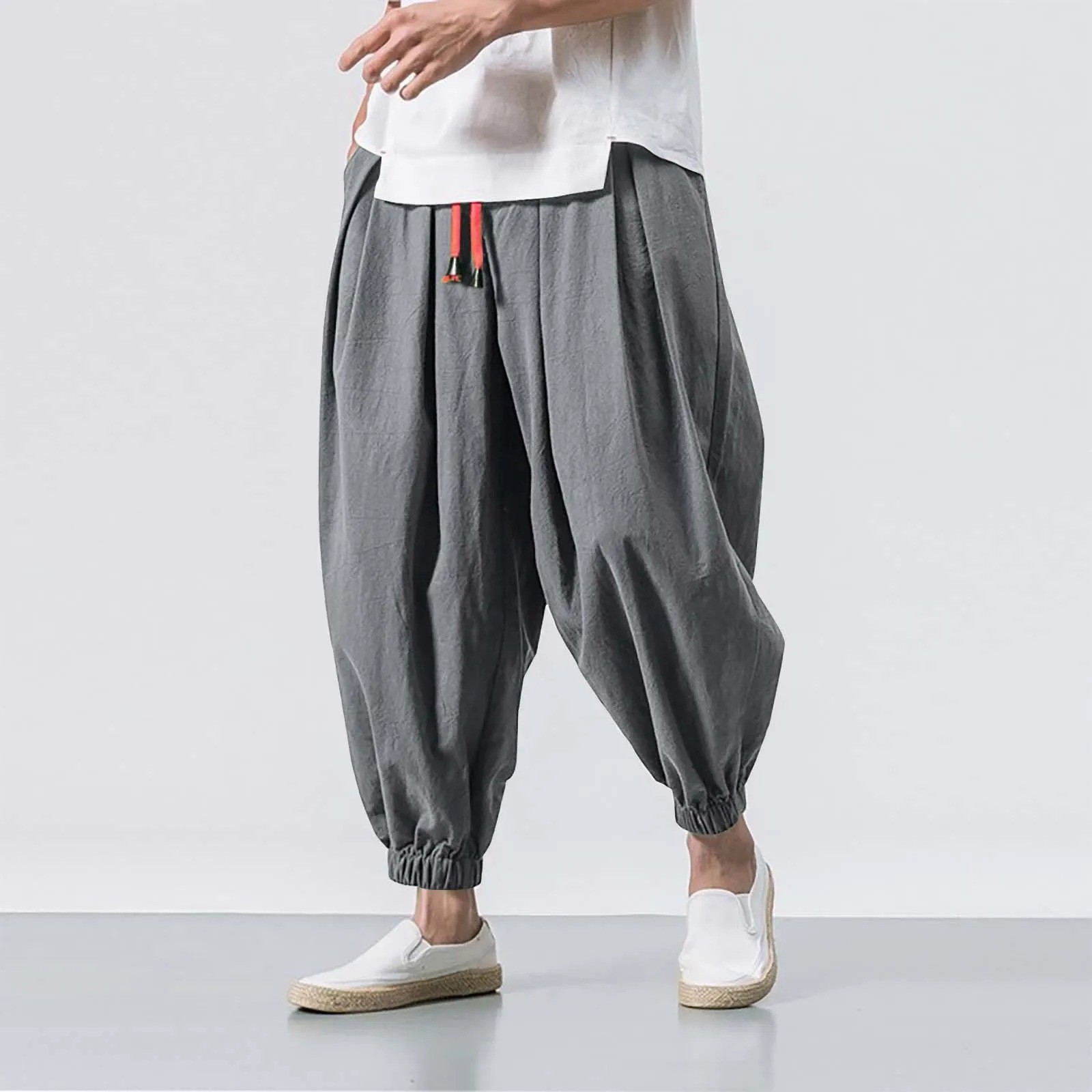 New Oversized Men Harem Pants Loose Chinese Style Cotton Linen Sweatpants Breath