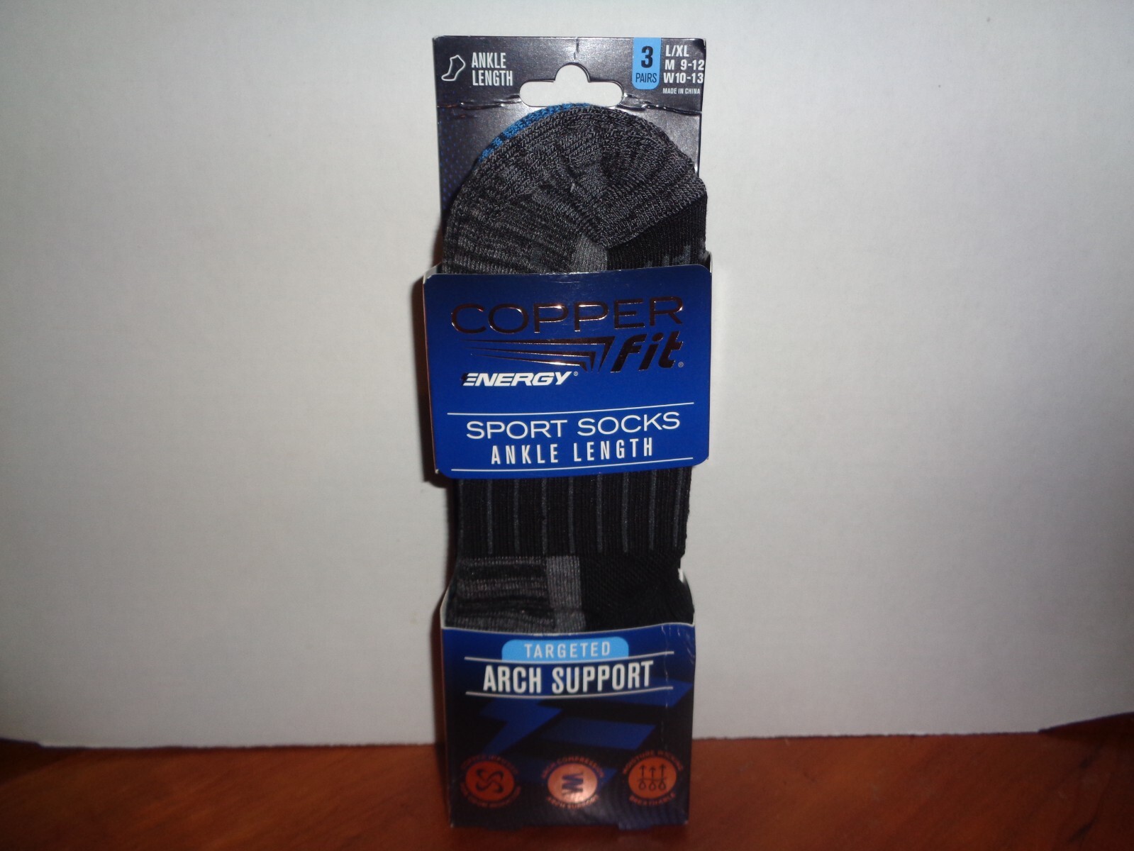 Copper Fit Infused Sport Ankle Socks 3 Pair Large L/XL Black Size M 9-12 W 10-13