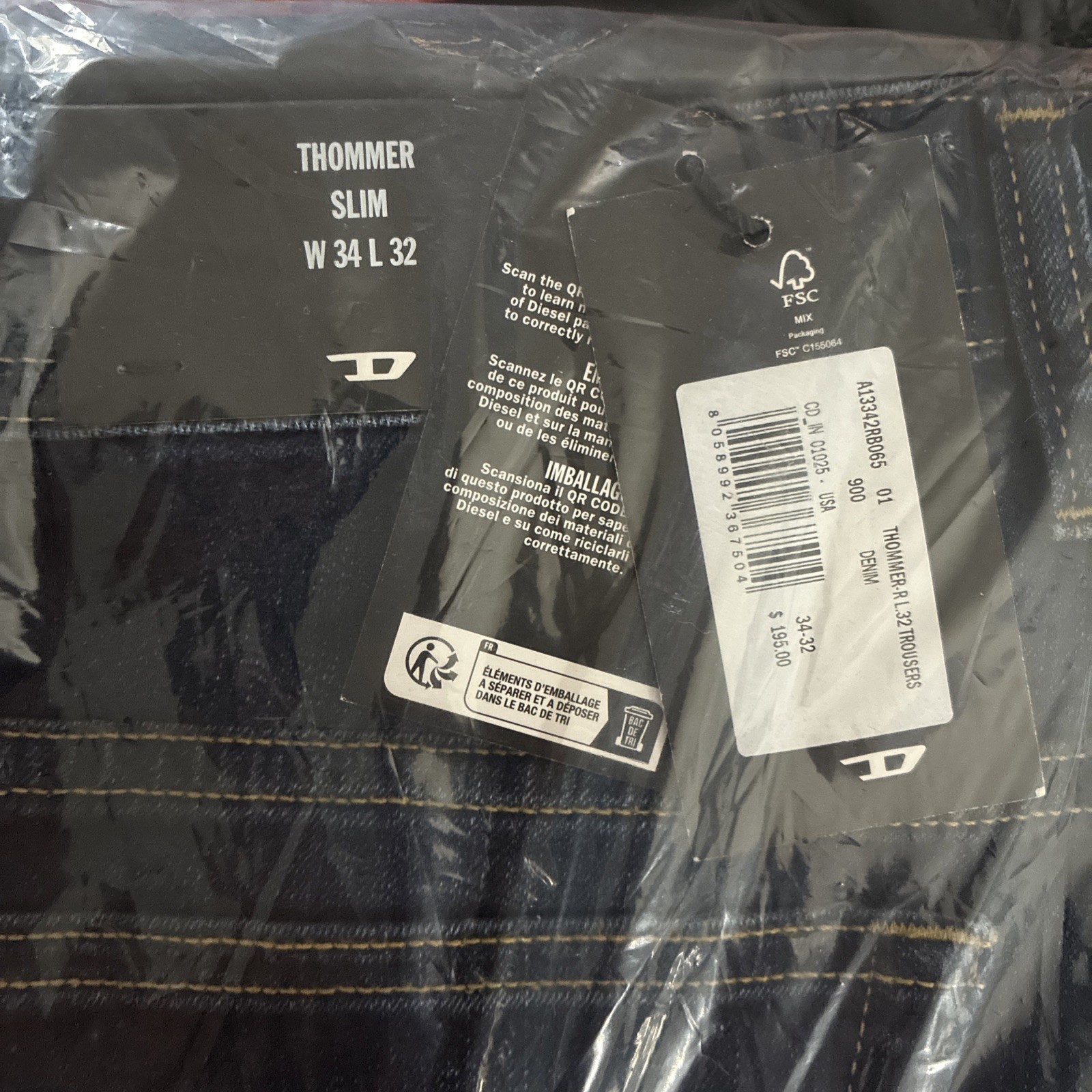 Diesel Thommer Slim Stretch Jeans – Thommer-R RB065 Dark Blue 34×32 NWT