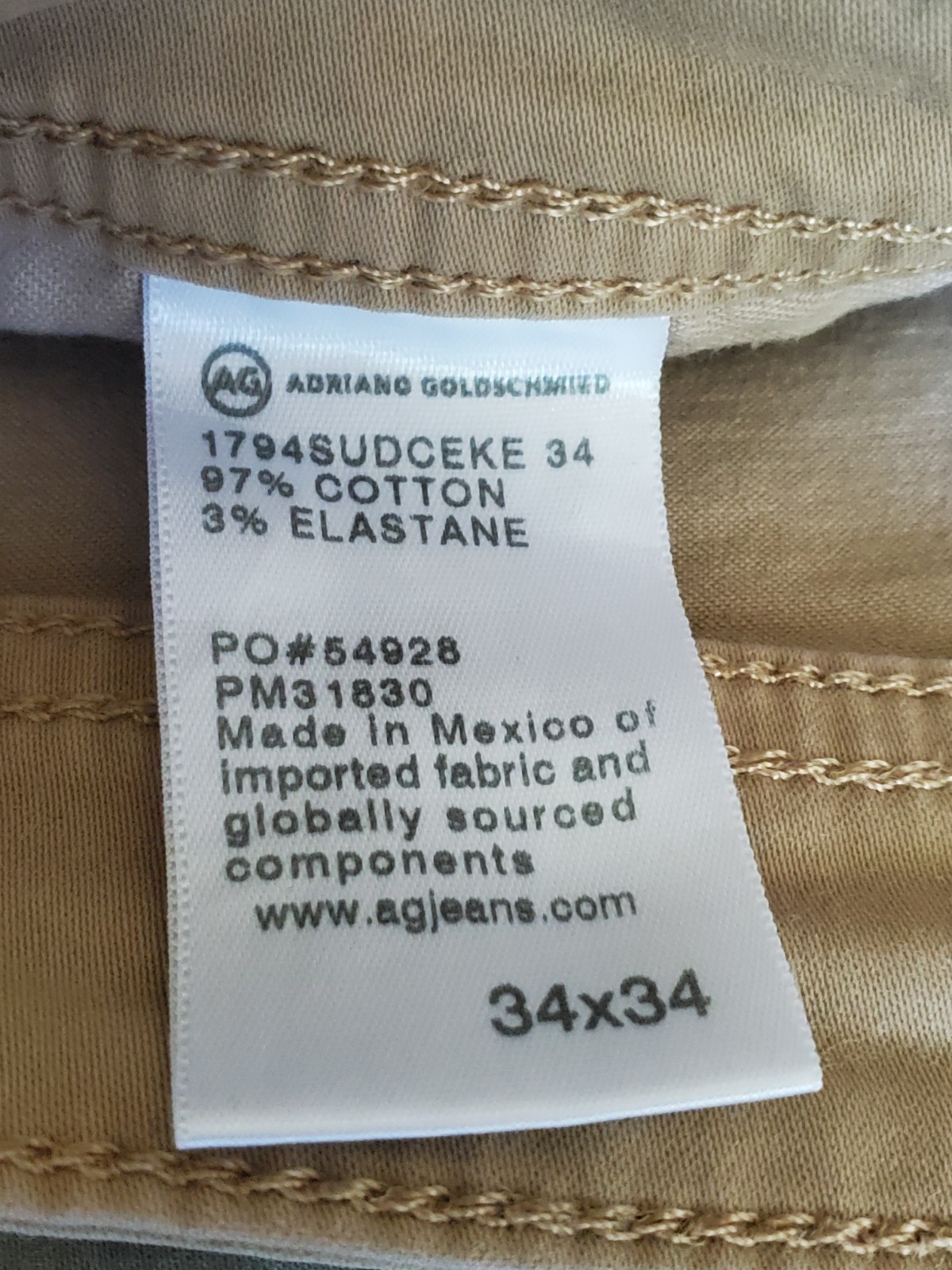 AG Los Angeles Men’s Pants Size 34×34 In Tan Color 97% Cotton 3% Elastane