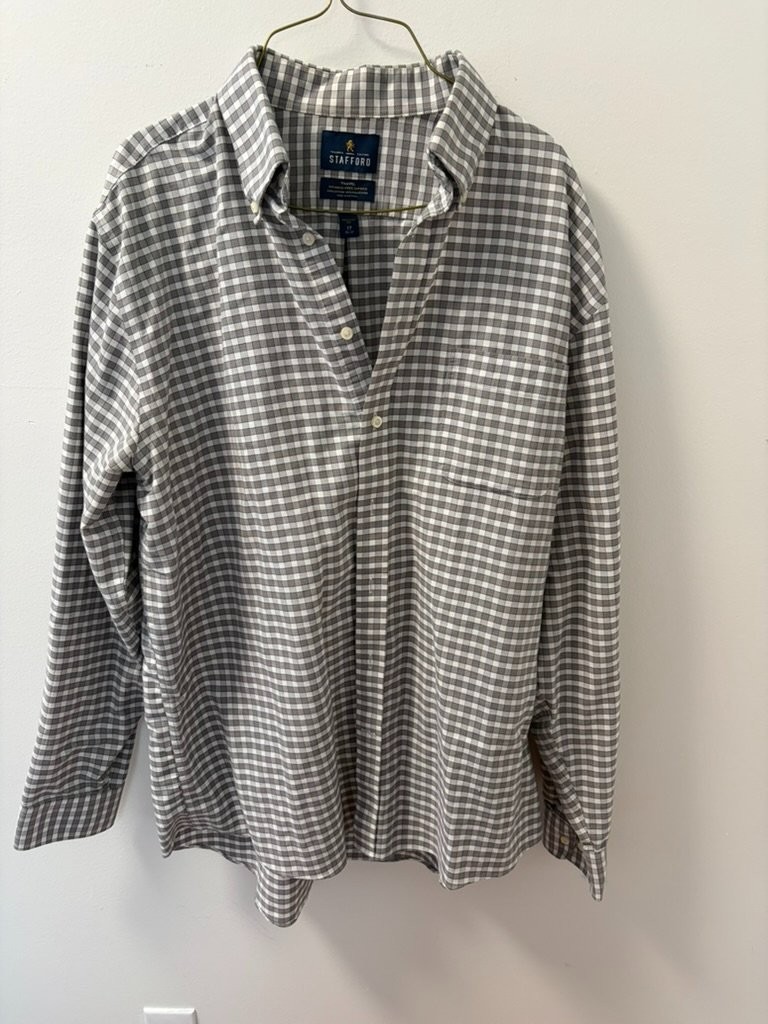 Stafford Travel Wrinkle-Free Oxford Dress Shirt Mens 17 36-37 Gray Gingham Check