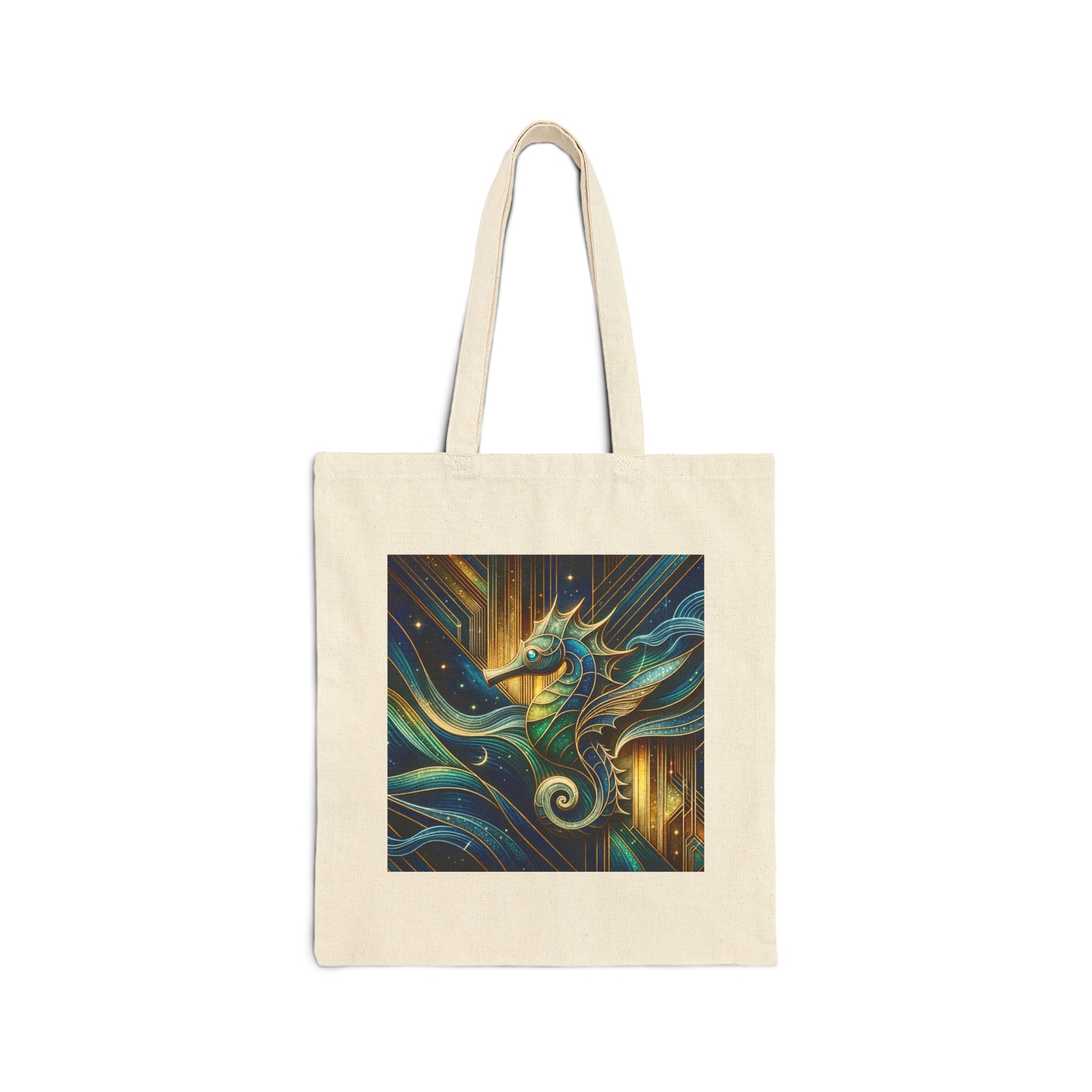Cotton Canvas Tote Bag 15×16 Art Deco Midnight Seahorse Ocean Life Retro Animal