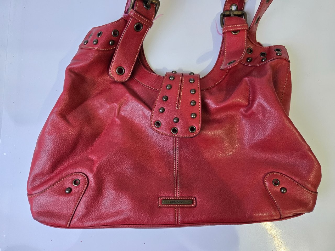 Nine West Hobo Shoulder Bag Red Studded Logo