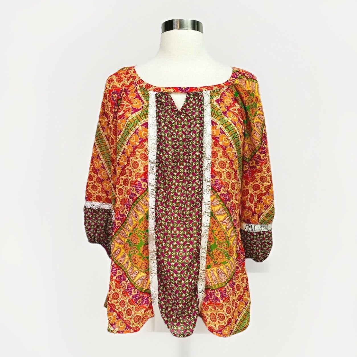Fig & Flower Peasant Top Womens S Colorful Mixed Print Boho Semi Sheer